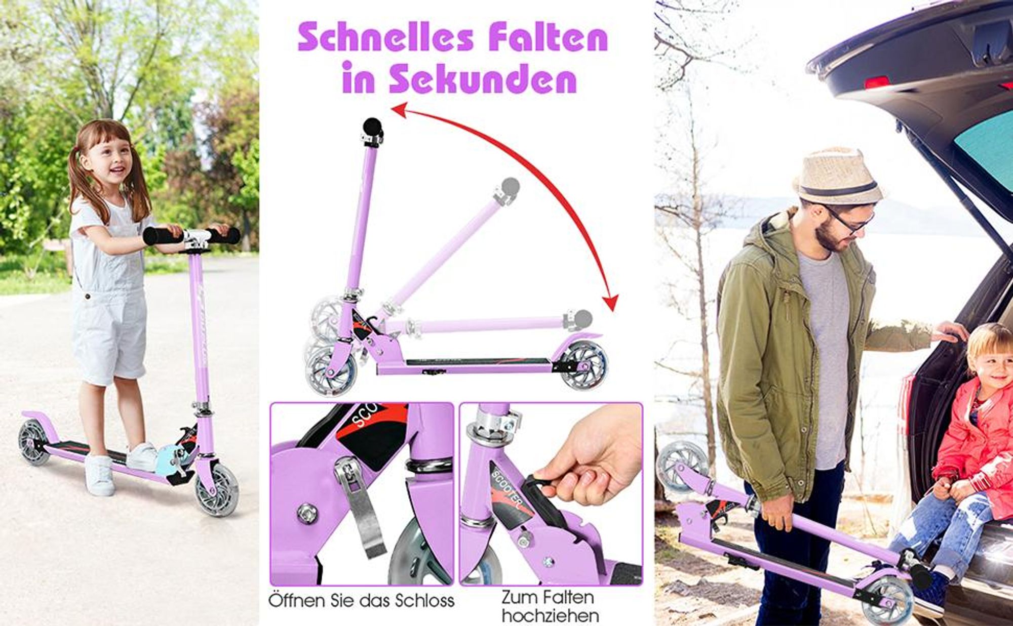 COSTWAY Kinder Roller mit LED Rädern, Cityroller höhenverstellbar, Kinder Scooter für Kinder ab 4+, Kinder Kickscooter, Tretroller für Junge & Mädchen