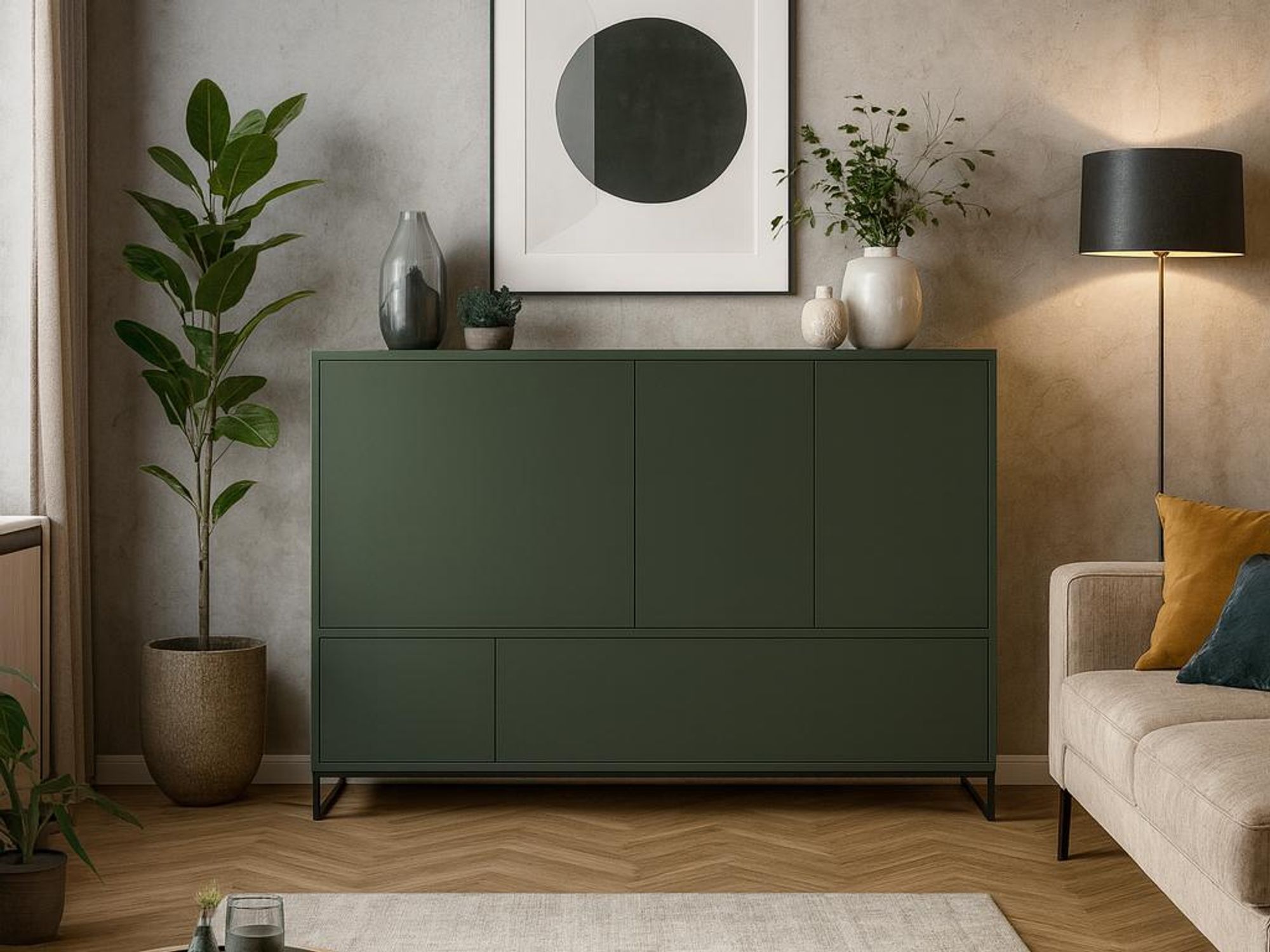 BEAUTYSOFA | Kommode GIANA – Moderne Türkommode mit 5 Schränken, stilvolle Kombikommode in Flaschengrün