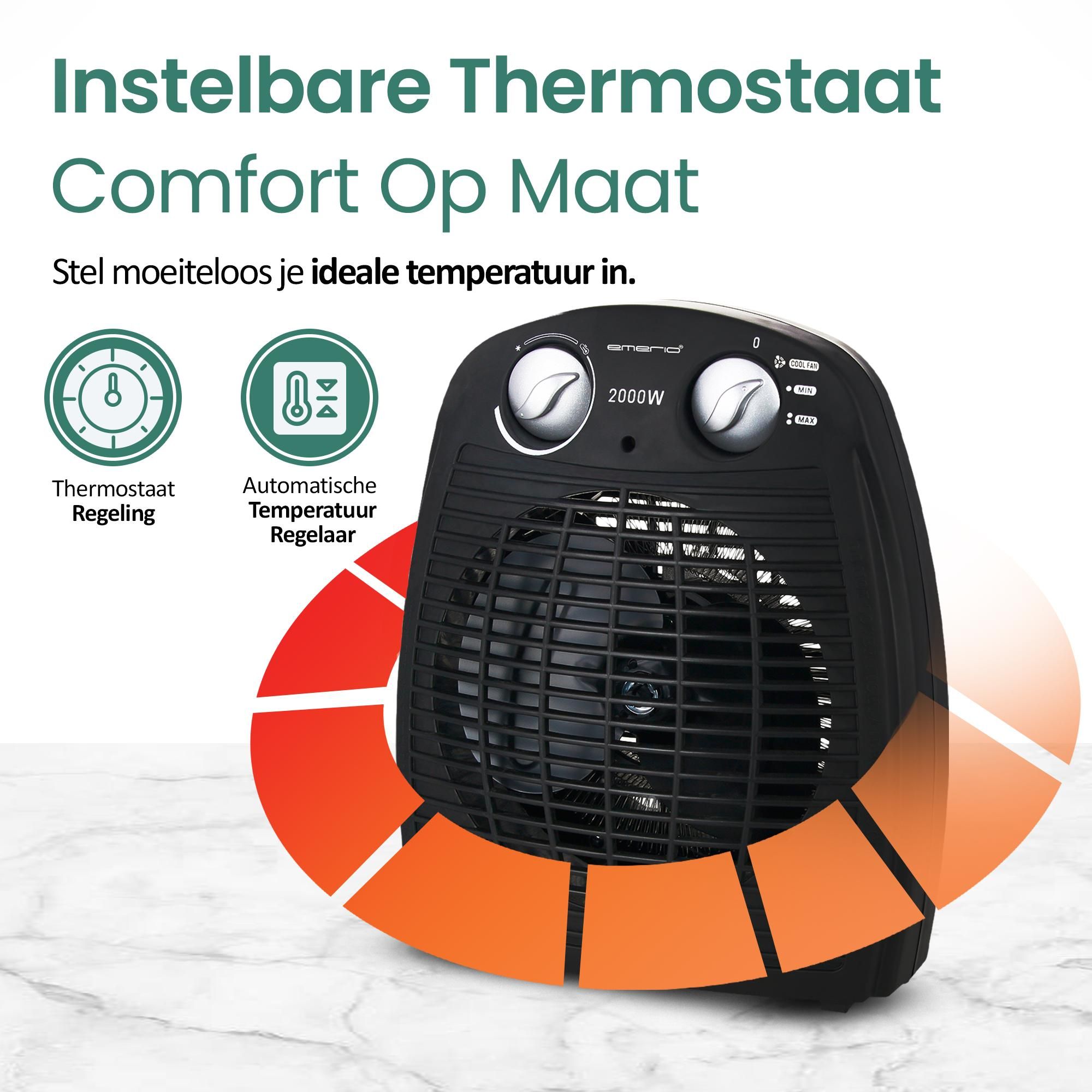Emerio Ventilatorkachel – 25 m² – 2 Standen – Ventilatiefunctie – Instelbare Thermostaat – Indicatielampje – Omvalbeveiliging – Zwart – FH-106737.2