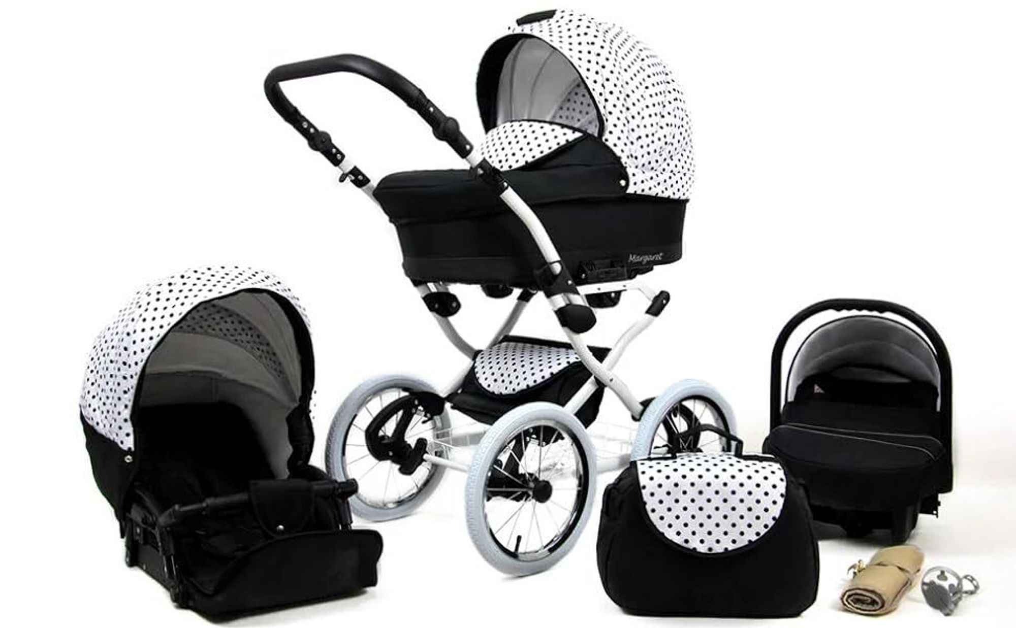 BabyLux® Margaret Exclusive | 4in1 Kinderwagen Set | White Dots | Kombikinderwagen | Kinderwagen