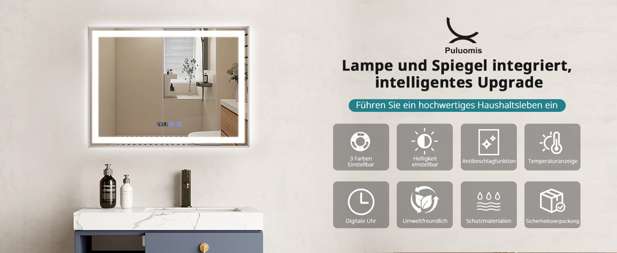 Puluomis Badspiegel 80x60 beschlagfrei mit 3 Farbe Beleuchtung, dimmbare Helligkeit, Badezimmerspiegel mit Digitaluhr, Temperatur silber