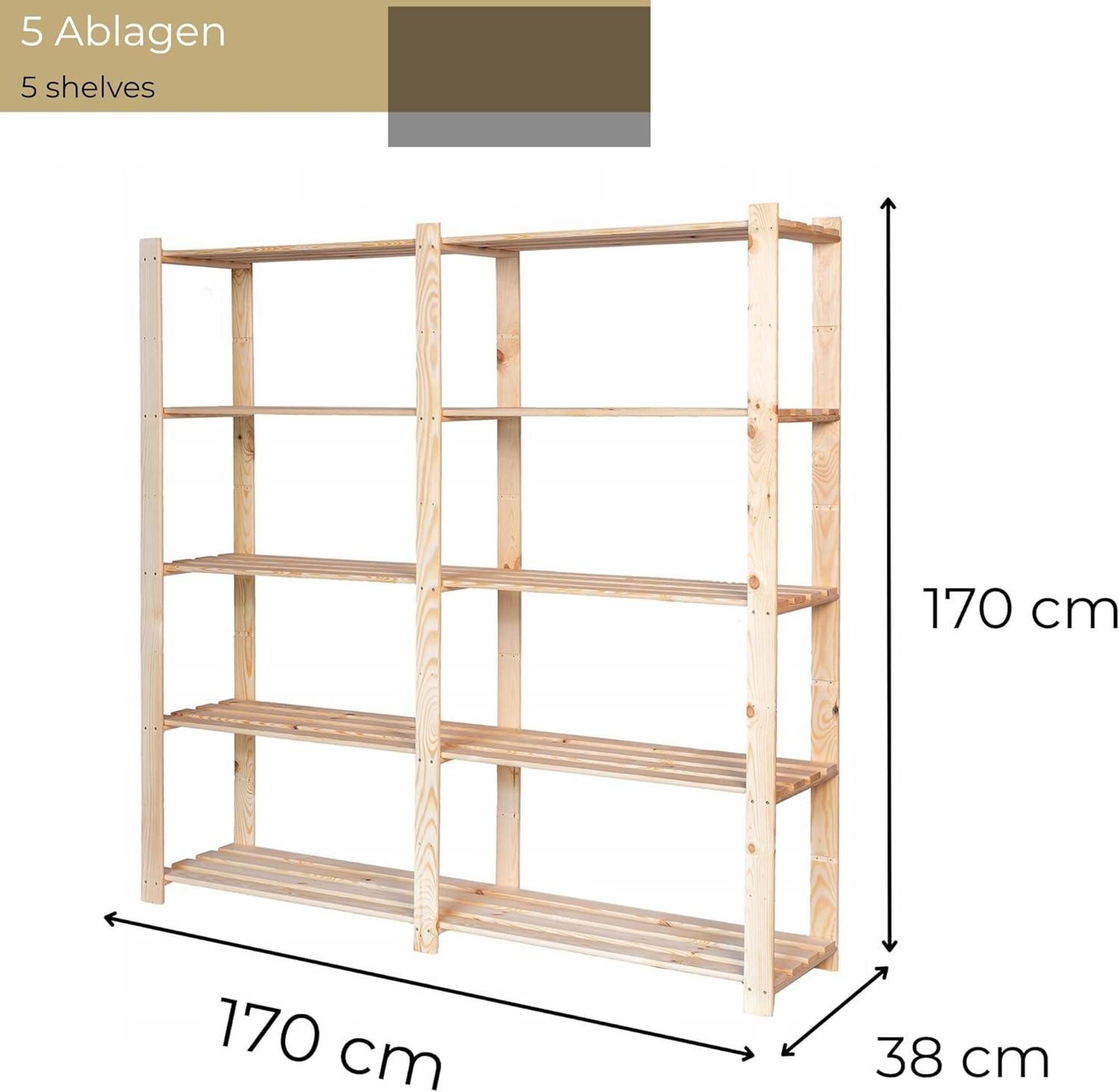 STOLMAK Holzregal Garage Regal 170x170x38 (BxHxT) Standregal Natur Kiefernholz Massivholzregal Kellerregal 5 Ablagen Pflanzenständer