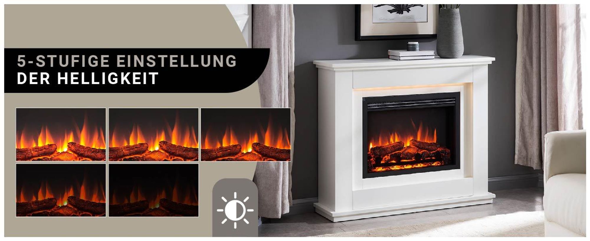 BALDERIA Elektrokamin Baldur | Standkamin, LED 3D-Flammeneffekt, LED Ambientebeleuchtung, Heizung 2000W, App, Knistereffekt, Timer, Thermostat | Weiss