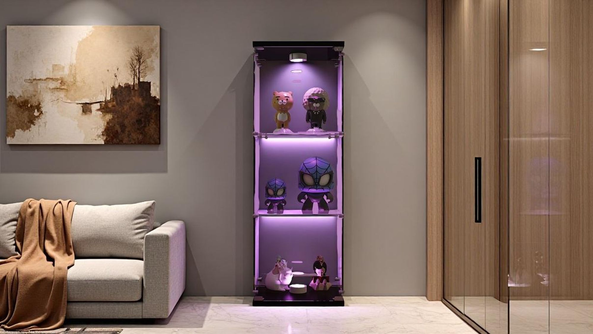 Fortuna Lai Glasvitrine Standvitrine in Schwarz,125x42x36CM Modern Glas Vitrine Vitrinenschrank mit 3 Böden und LED aus ESG für Sammlerstücke Bücher W