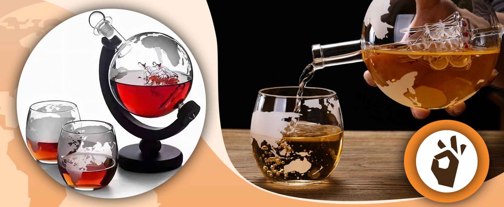 Whisky Karaffe Set, Whiskey Geschenkset, Geschenke für Männer, Globus Dekanter 850ML, Whisky Gläser, Whiskey Steine, Zubehör Retoo
