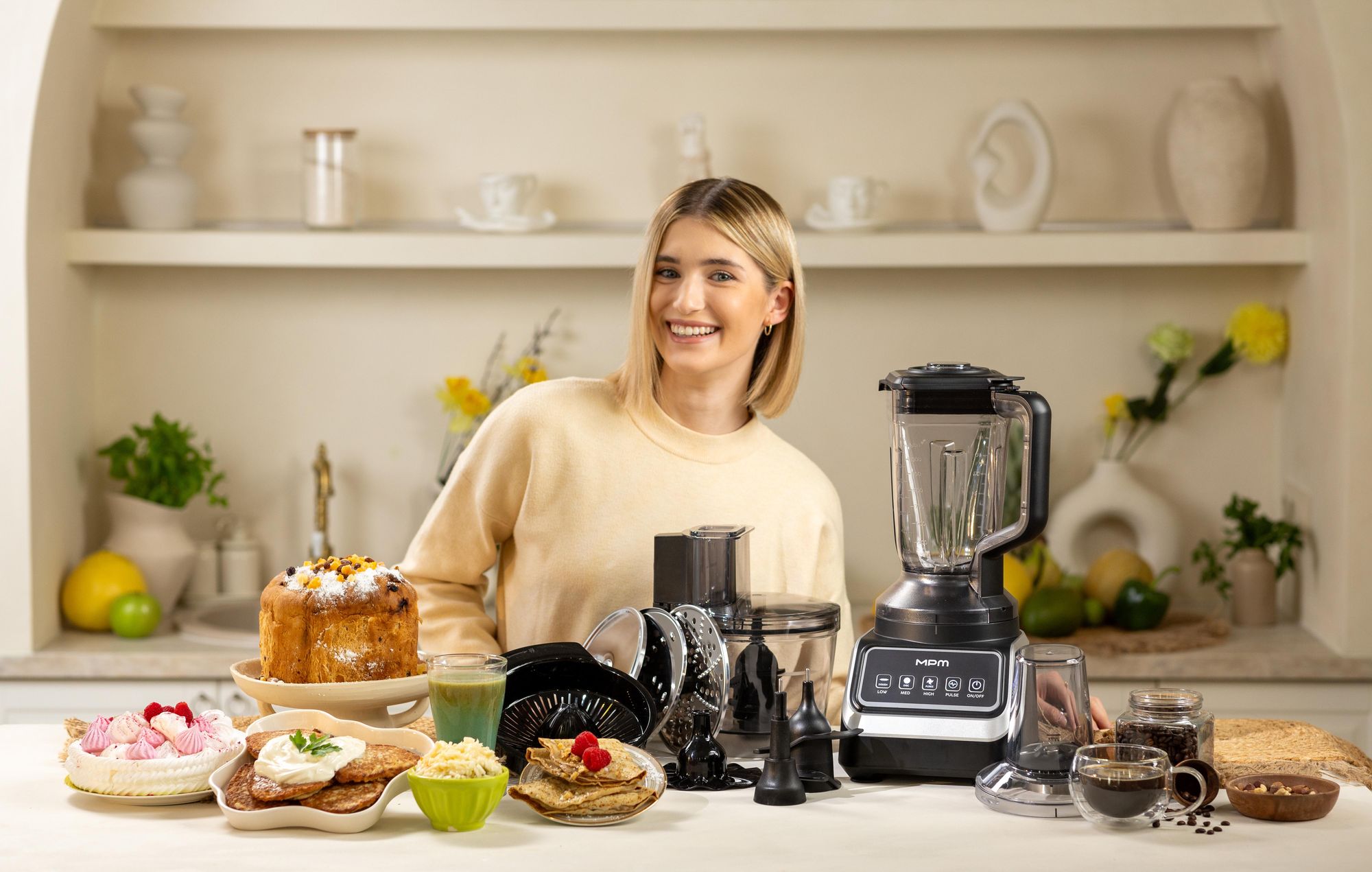 MPM Küchenmaschine 2000W Food Processor 11in1 Mixer Blender Zerkleinerer Reibe Entsafter Eiscrusher 2,6L 1,5L, Kartoffelpuffer, Edelstahl MRK-27