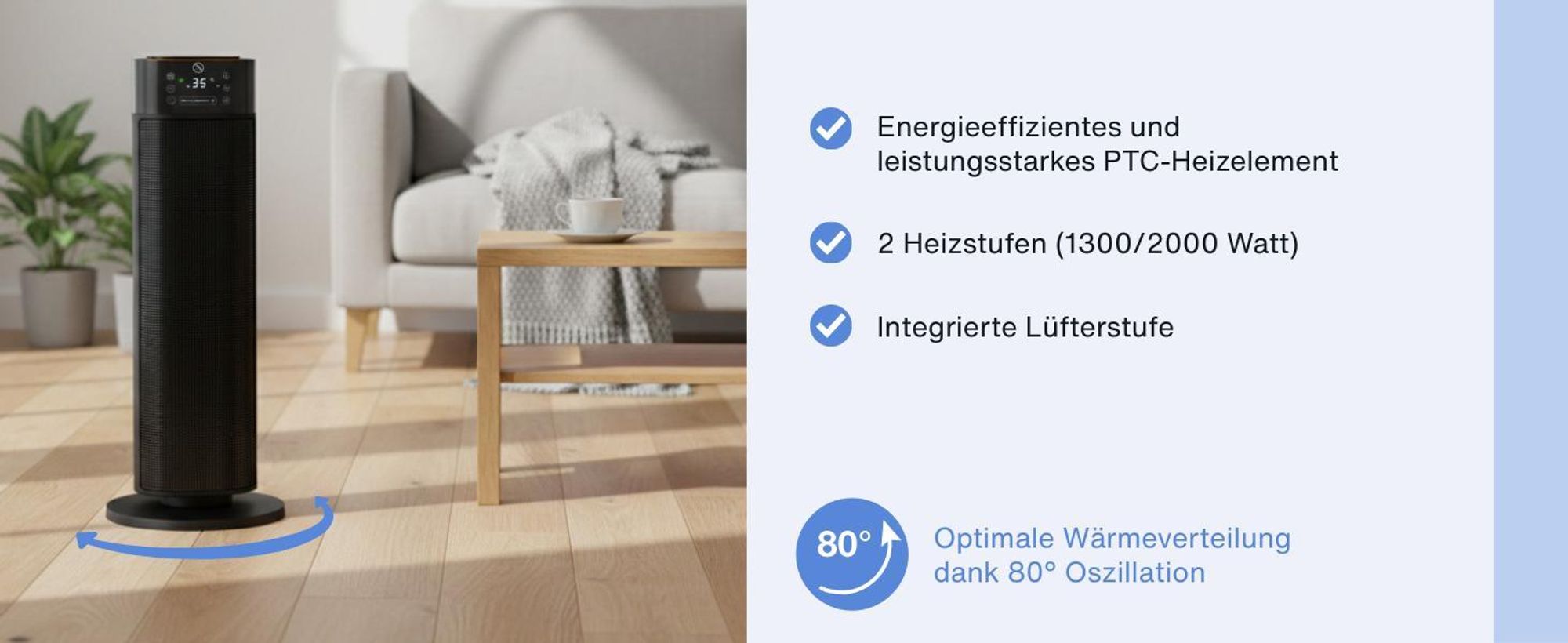 Fakir HT 1000 Heizlüfter mit Luftbefeuchter, energiesparend, leise, Oszillationsfunktion 80°, Timer, LED Touch Display, Überhitzungsschutz