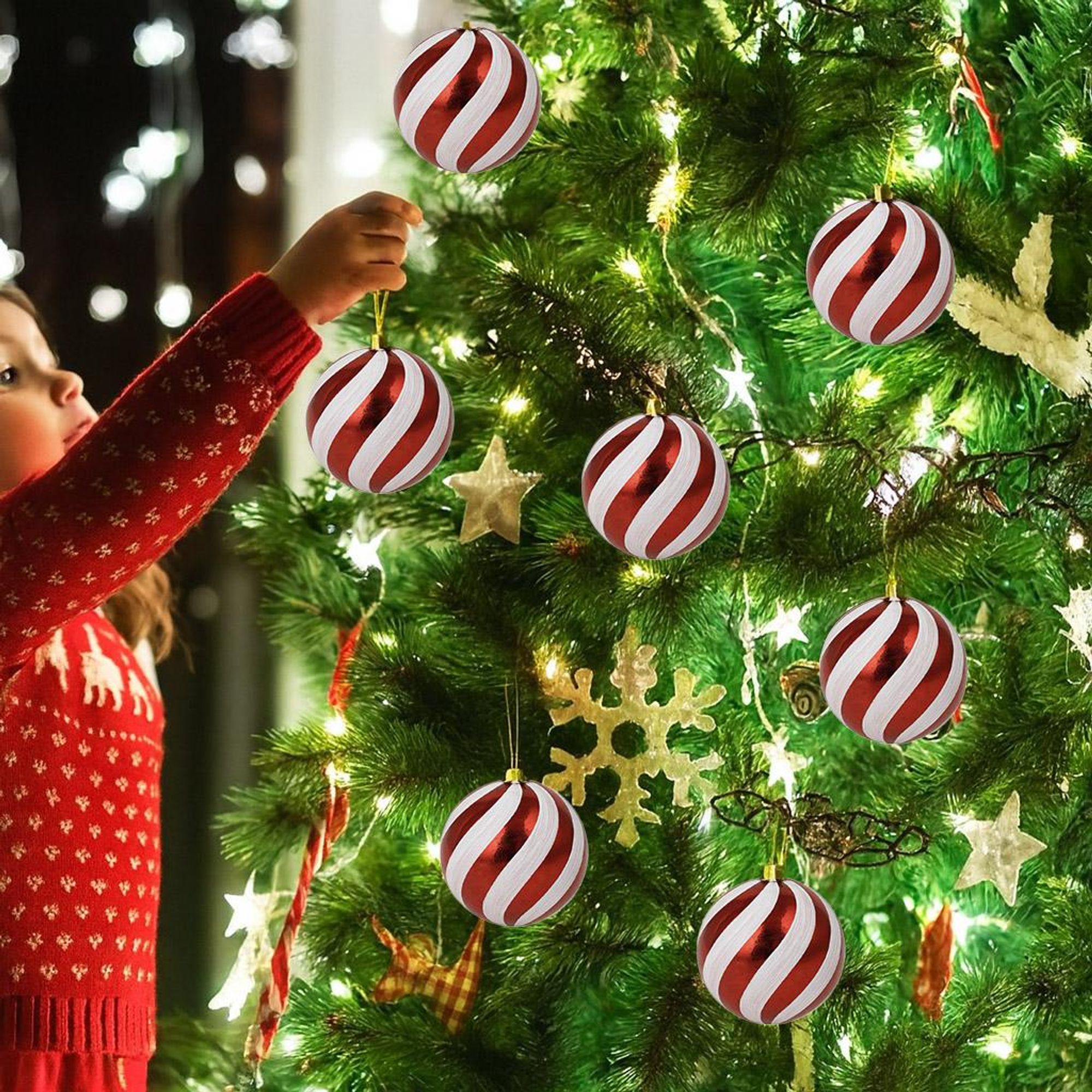 Weihnachtskugeln 10-teilig – Bruchfest aus Kunststoff, Rot/Weiß im Candy-Style – Christbaumkugeln Set für Weihnachtsbaum & Deko
