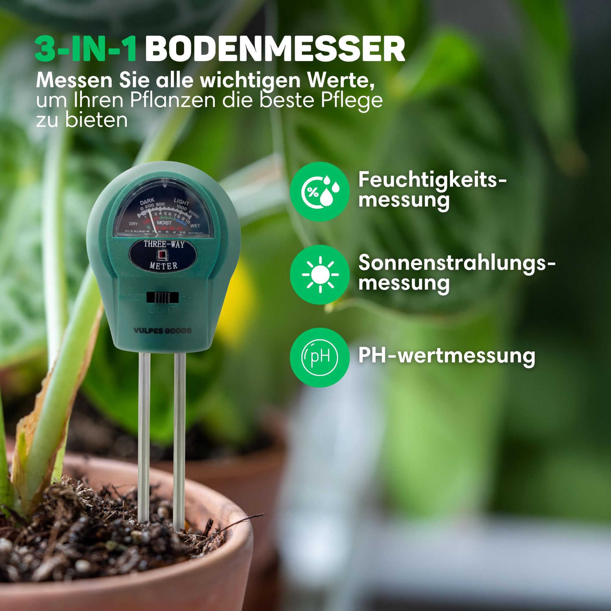 Vulpes Goods Boden Feuchtigkeitsmessgerät, Für Pflanzen, 3-in-1, Feuchtigkeitsmesser für die Gartenarbeit, pH Licht, Blumen, Pflanzen, Boden testen
