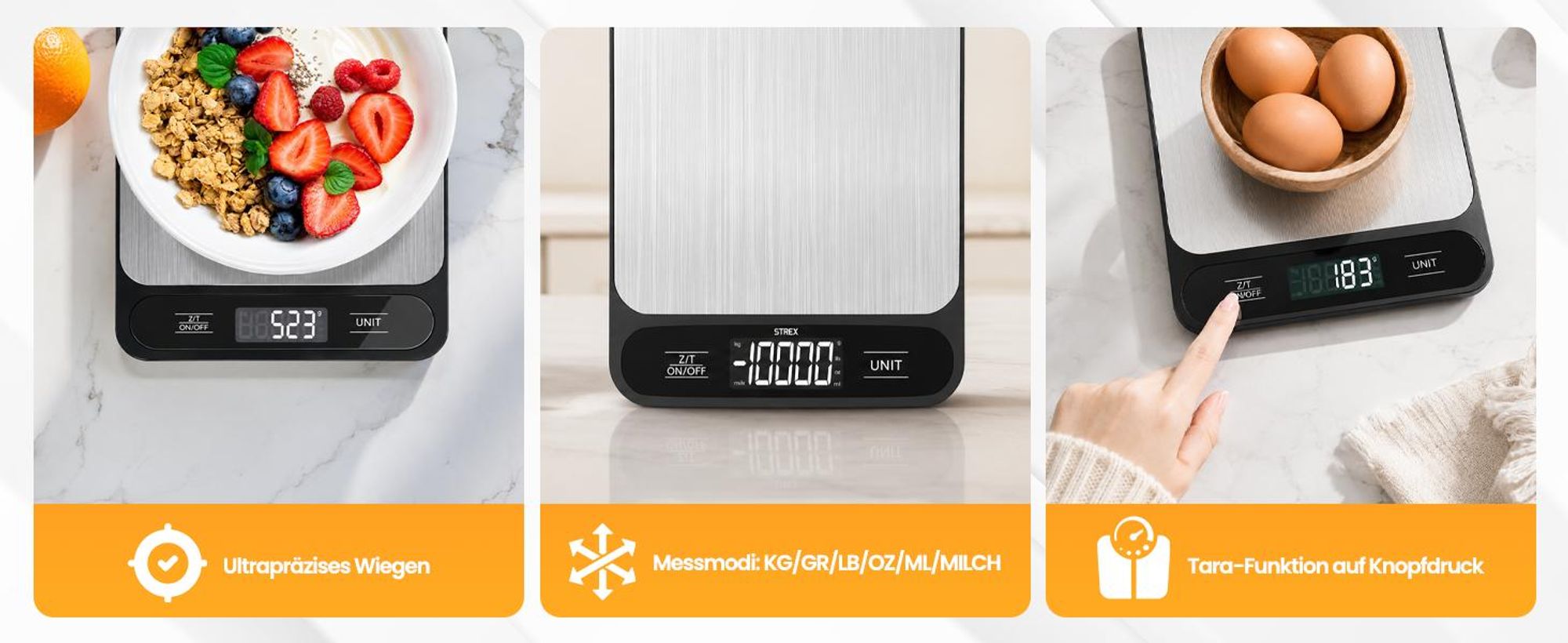Strex Küchenwaage Digital mit 4 Präzisionssensoren - 1g bis 10kg | Edelstahl Präzisions-Küchenwaage | Inklusive Batterie mit klarem LCD-Display und Tara-Funktion