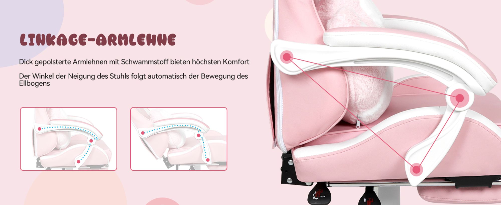 Puluomis Gaming Stuhl mit Fußstütze, Bürostuhl Chefsessel Schreibtischstuhl Racing Stuhl ergonomisch drehbar höhenverstellbar Katze Weiß Pink