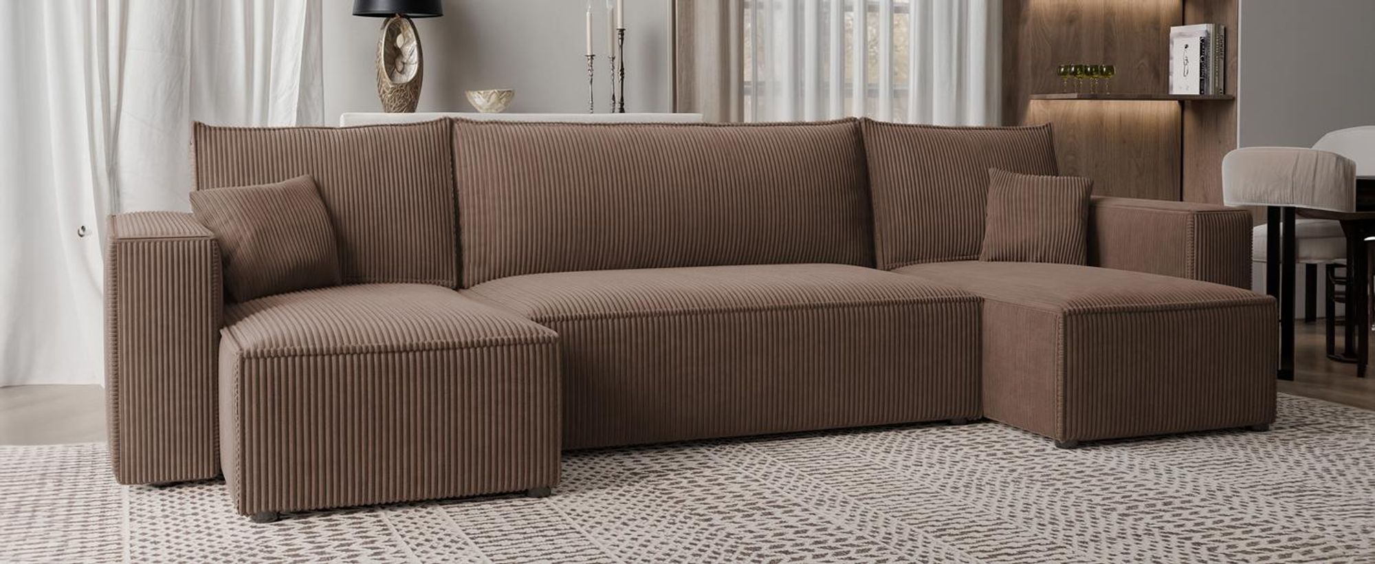 Idohome Ecksofa-Wohnzimmer Sofa mit Schlaffunktion und Bettkasten, Eckcouch, Polstermöbel, Sofa, Couch modern in Farbe Braun  Poso 06 Paris U Form