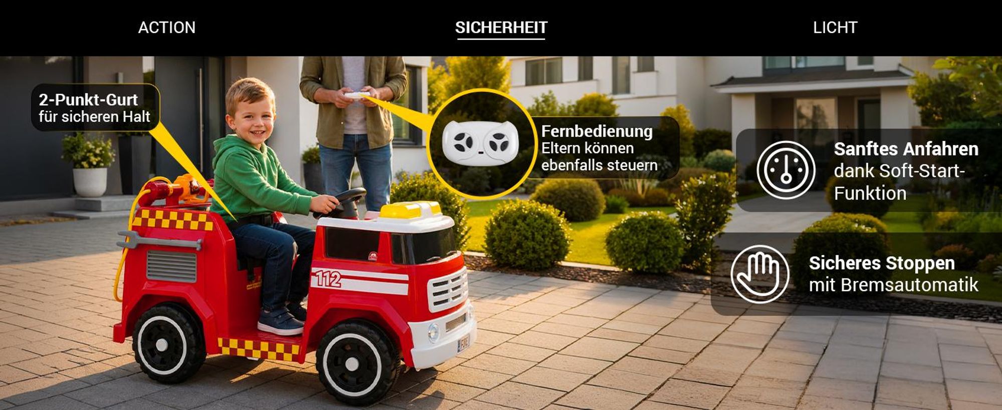 Actionbikes Motors Feuerwehrauto | Kinderauto - Elektroauto - Elektrofahrzeug -  2,4 Ghz Fernbedienung - Hupe, Motor- & Sirenen Sound - ab 3 Jahre