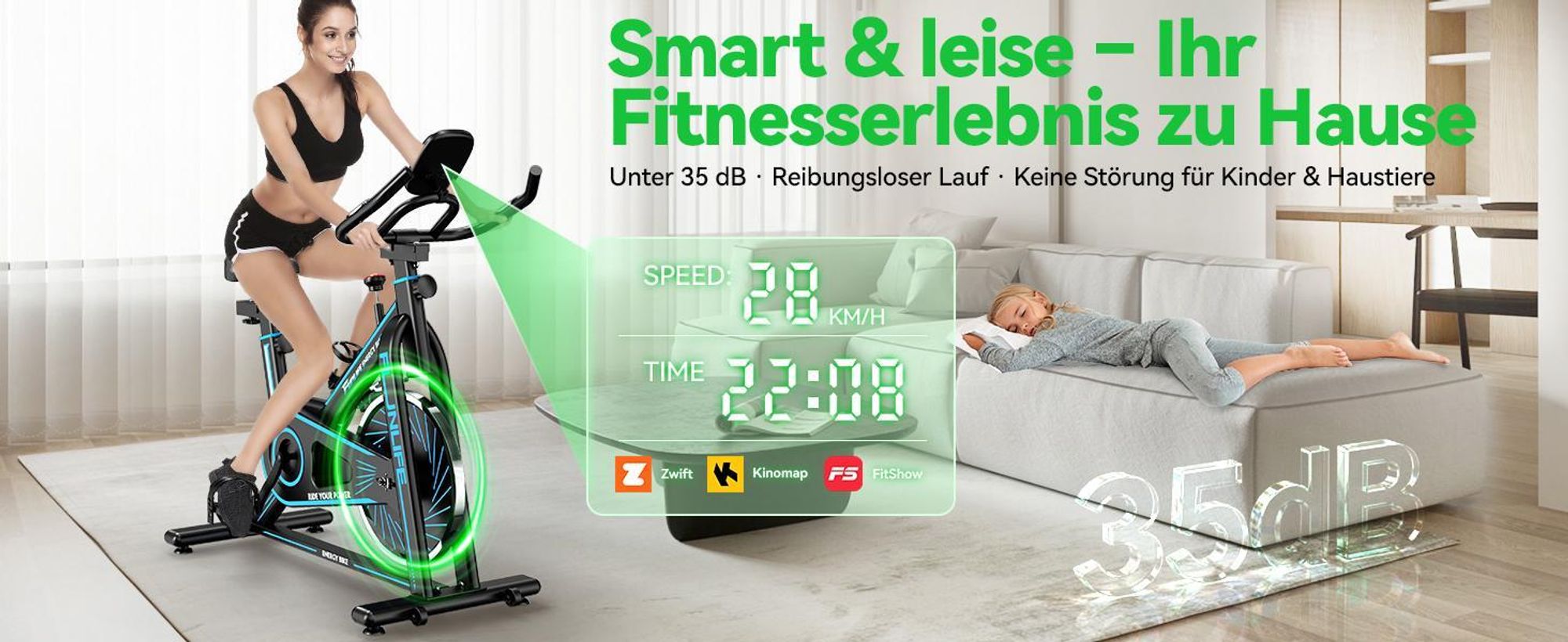 FunLife C1 Heimtrainer – Indoor Bike mit Bluetooth, FitShow & Kinomap, stufenlosem Widerstand, Herzfrequenzmessung, bis 120 kg