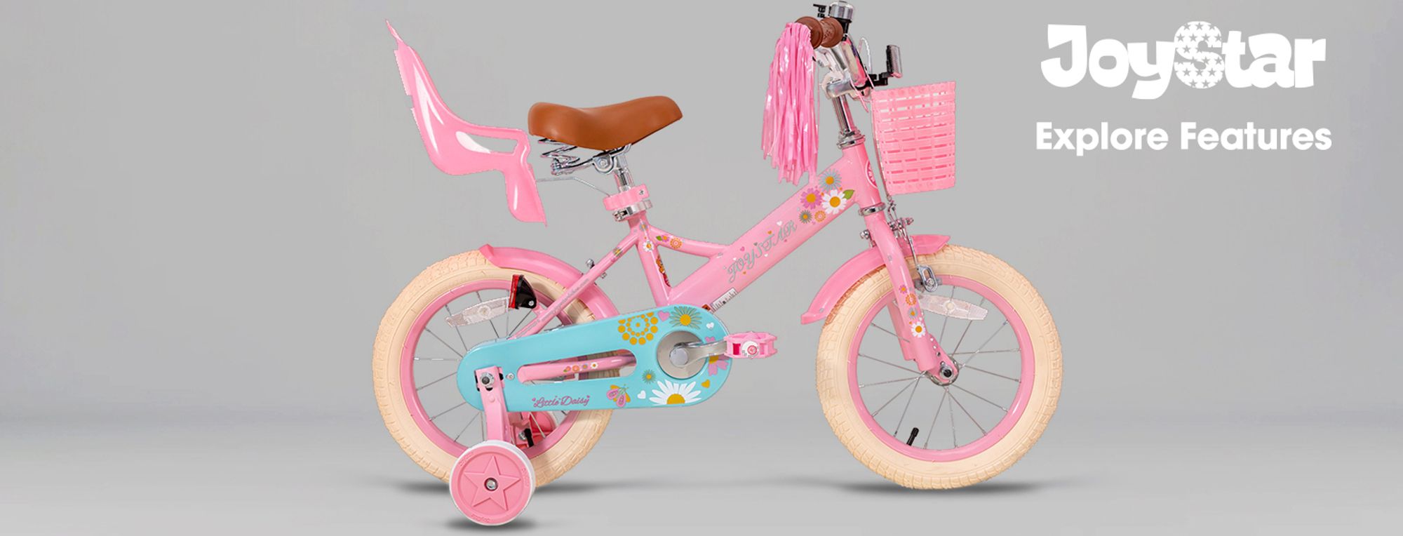 HILAND Joystar 16 Zoll Kinderfahrrad mit Stützrädern, Puppenfahrradsitz, Luftschlangen, Korb, Klingel, DIY-Aufklebern, Schutzblechen, für Mädchen,Blau