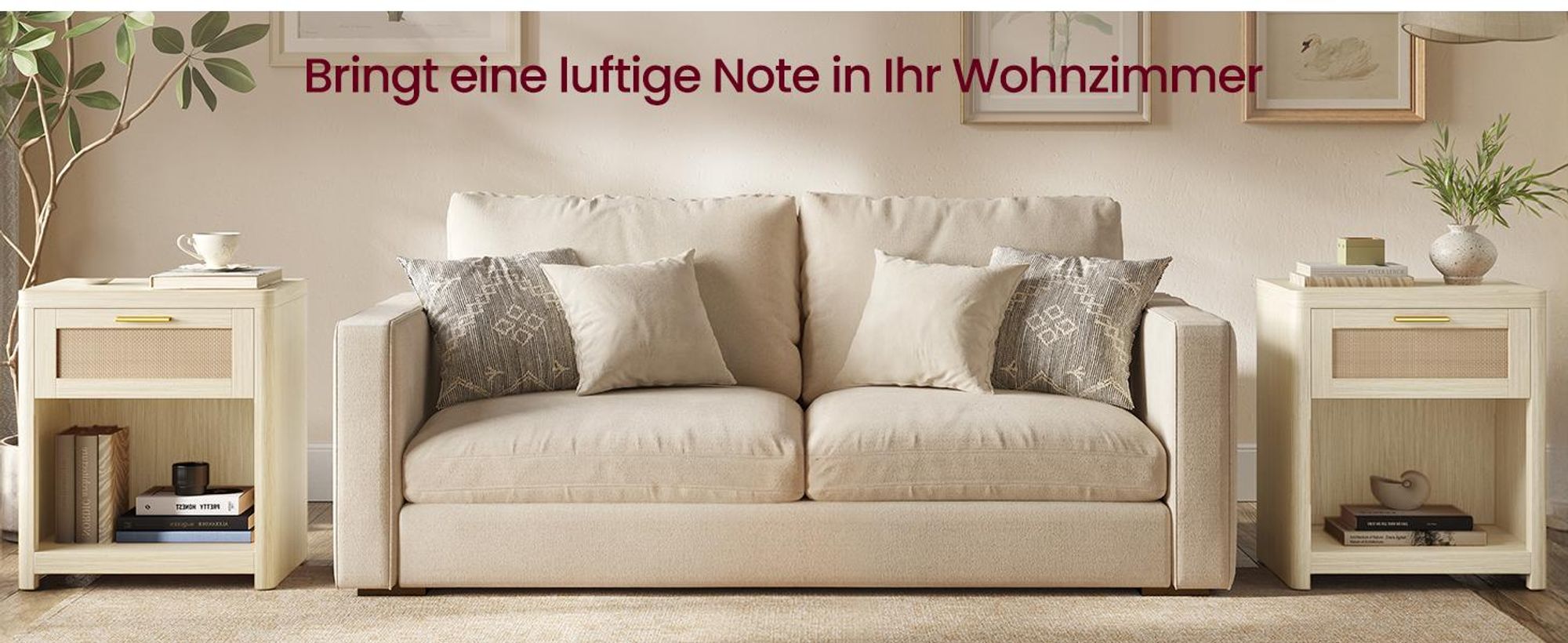 VASAGLE Nachttisch, 2er Set, Boho-Stil, Beistelltisch, mit Schublade in Rattan-Optik, beige