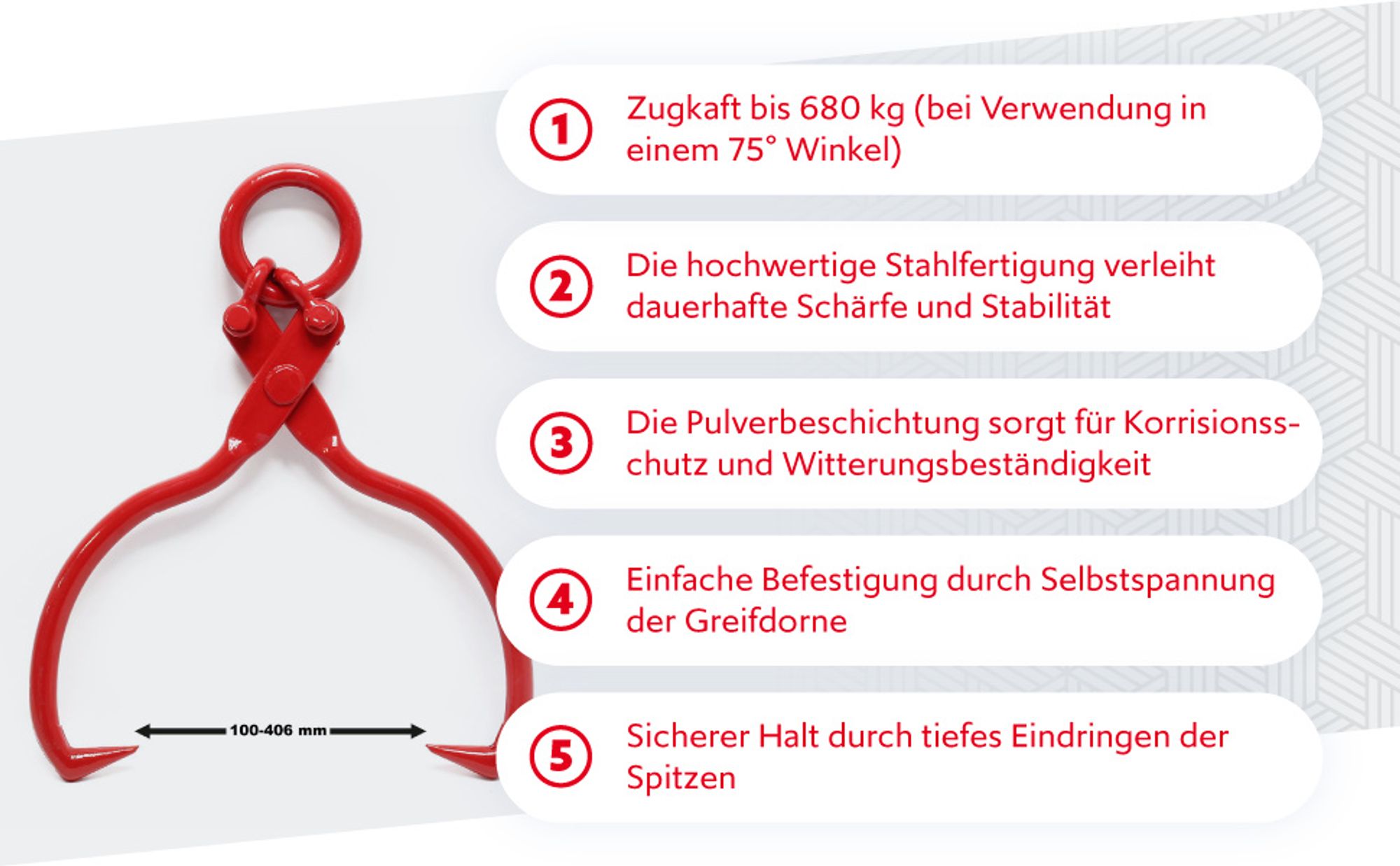 Wiltec Forstzange für Baumstämme bis 450 mm, 680 kg Zugkraft, Holzzange Hebezange Packzange mit 2 Klemmdornen