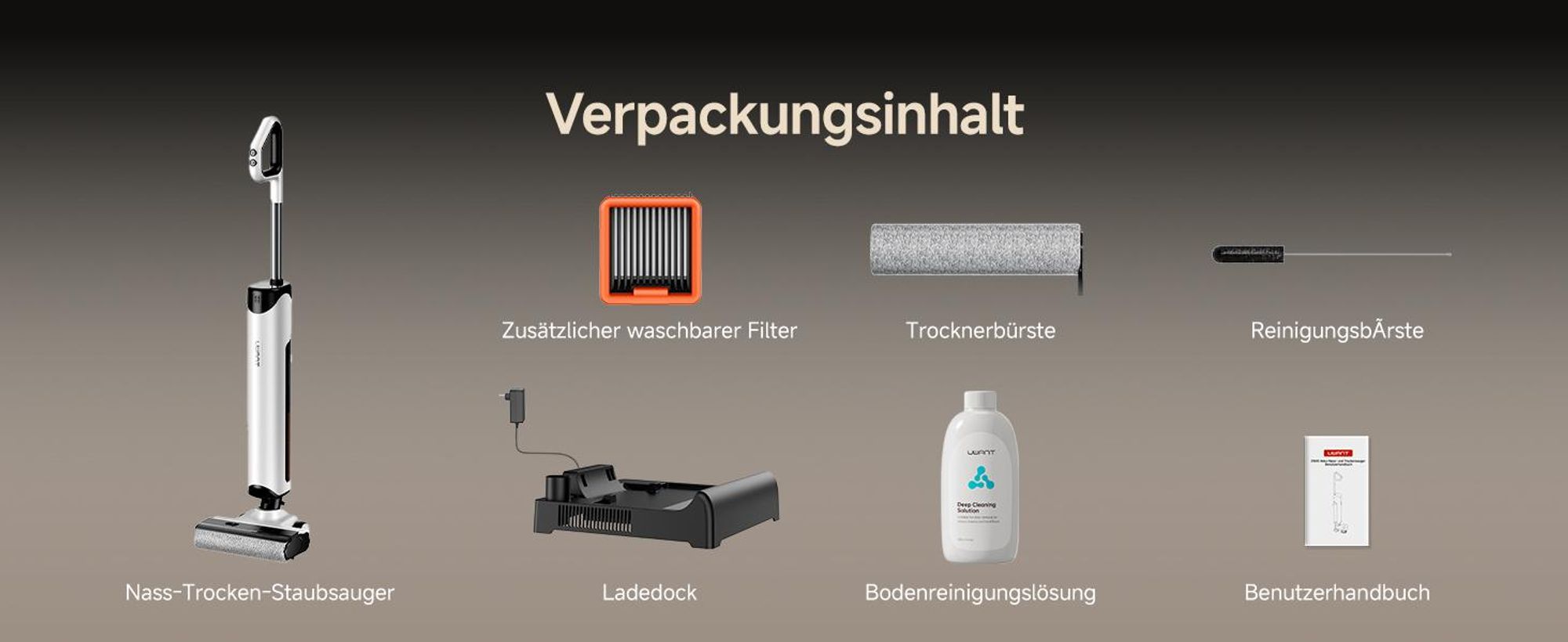 Uwant D500 Nass Trockensauger Akku,180° Lay-Flat Saugwischer, 17,000 Pa, 65°C Leise Heißtrocknung,Verwicklungsfreies Design, IPX6 Bodenbürste