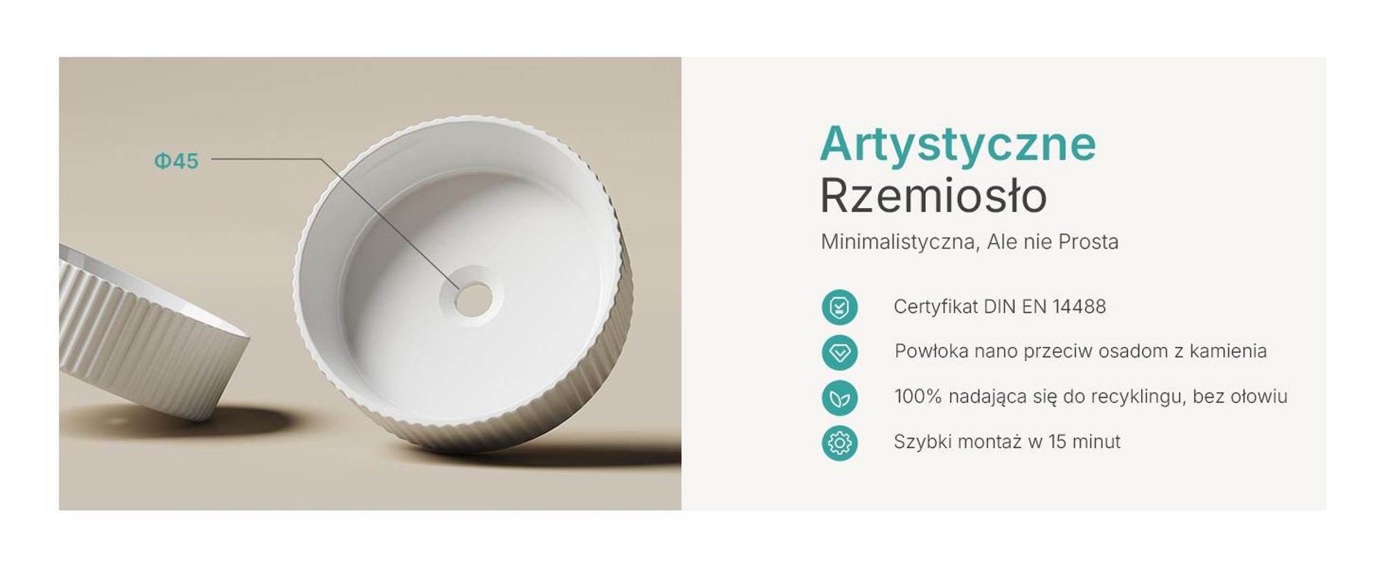EMKE umywalka nablatowa ceramiczna okrągła 360mm biała błyszcząca Elegancka umywalka bez otworu na baterię i przelewu, do nowoczesnych łazienek i WC dla gości