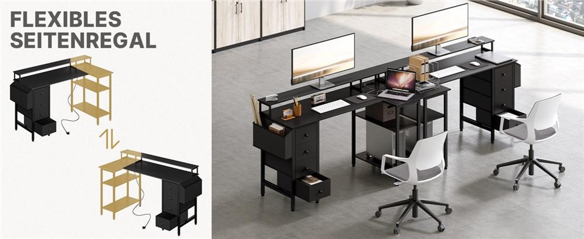 Yaheetech L-förmiger Computertisch, Schreibtisch mit Ladestation, umkehrbarer Gaming-Tisch, mit Monitorhalterung & Aufbewahrungstasche, Schwarz
