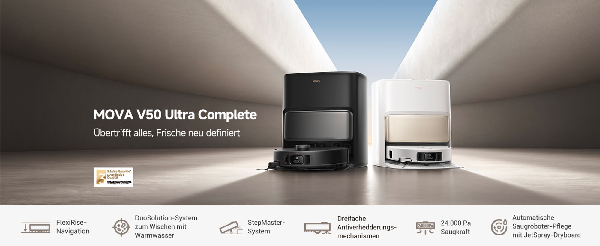 MOVA V50 Ultra Complete Saugroboter mit Wischfunktion, Einer Saugkraft von 24000Pa,anhebbare Navigation,Warmwasser-Wischen mit DuoSolution-System,Weiß