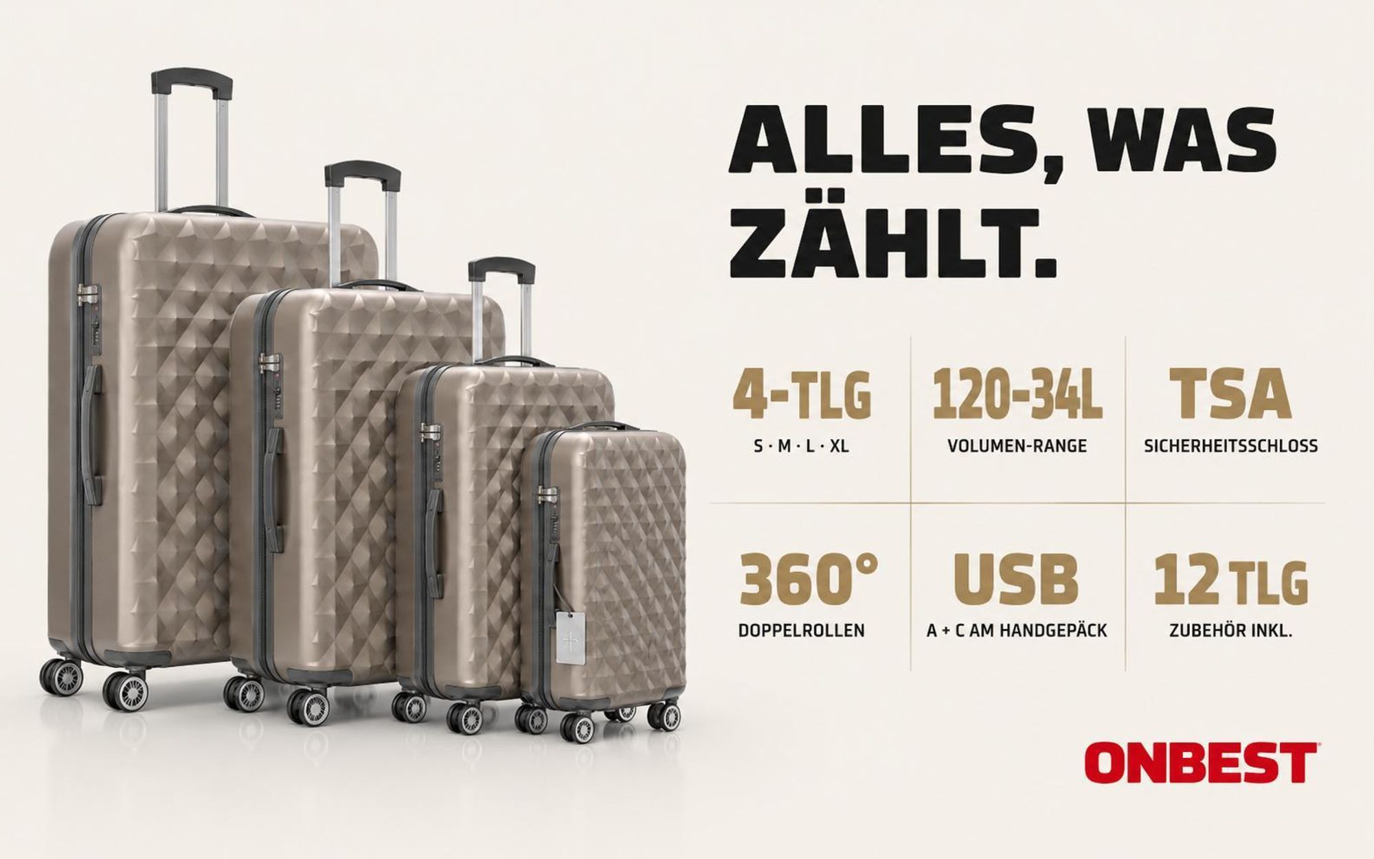 ONBEST Hartschalen Koffer Set | 4-teilig | Champagner | mit TSA-Schloss | USB-Anschluss | viel Zubehör | 360° Doppelrollen