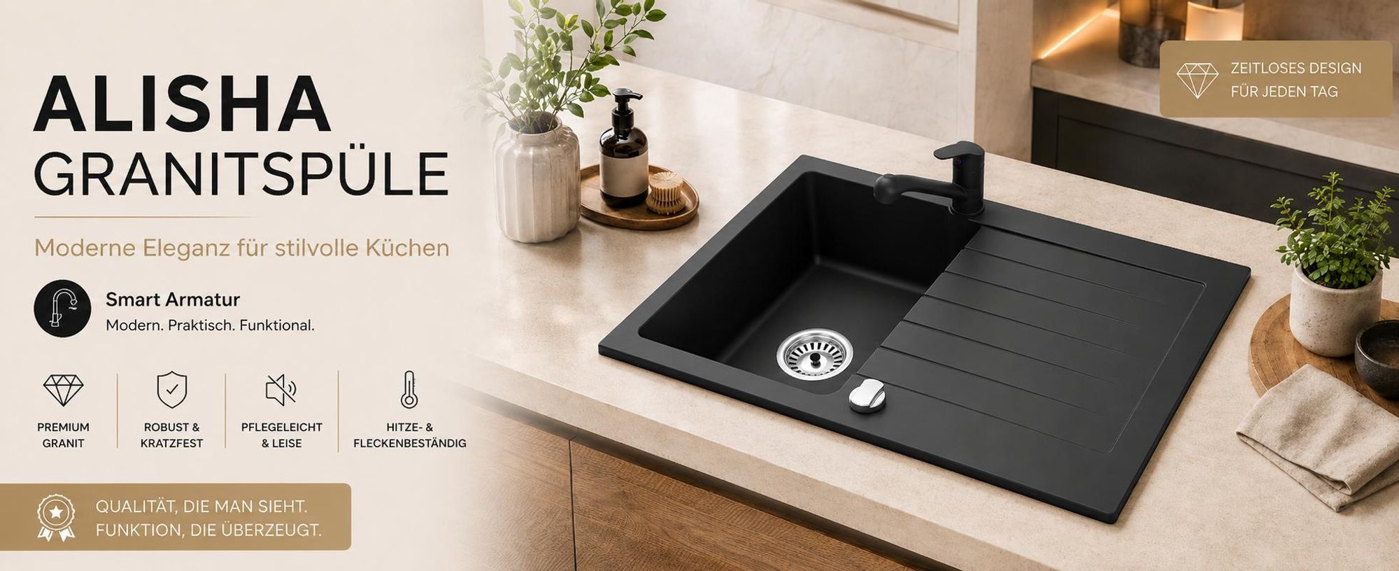 Faizee Home Granitspüle 75 x 44 cm Nachtschwarz – inklusive Armatur Smart in Schwarz – eckige Einbauspüle aus Granit – beidseitig montierbar, kratzfest, hitzebeständig – modernes Spülbecken