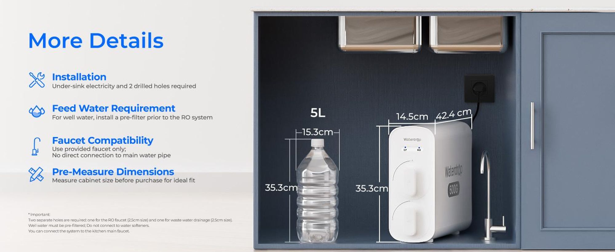 Waterdrop G5P500 Umkehrosmose-Wasserfilter, 7-Stufiges Umkehrosmosesystem, 500G RO-Wasserfiltersystem, 2:1 Pure to Drain, Reduziert TDS PFAS