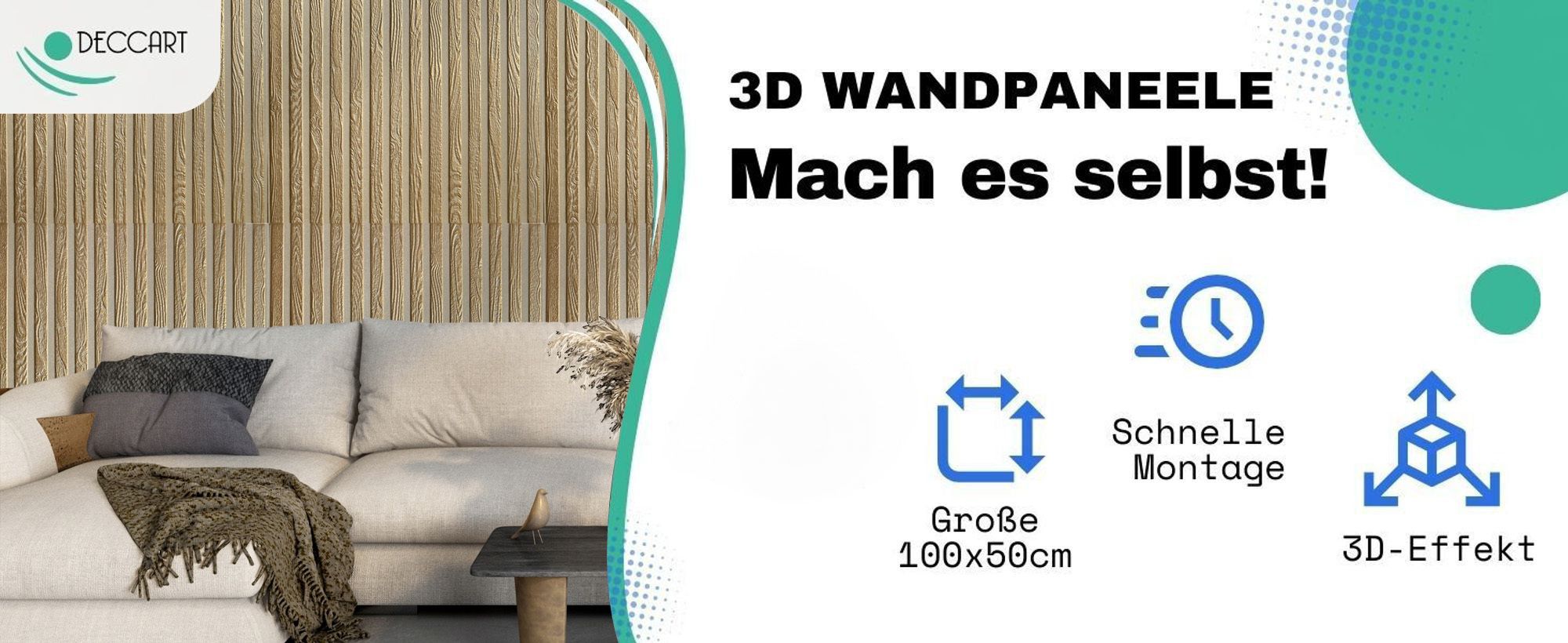 DECCART | 3D-Deckenplatten | Wandpaneele | Lamellen 19 gold | 100x50cm | 2m2