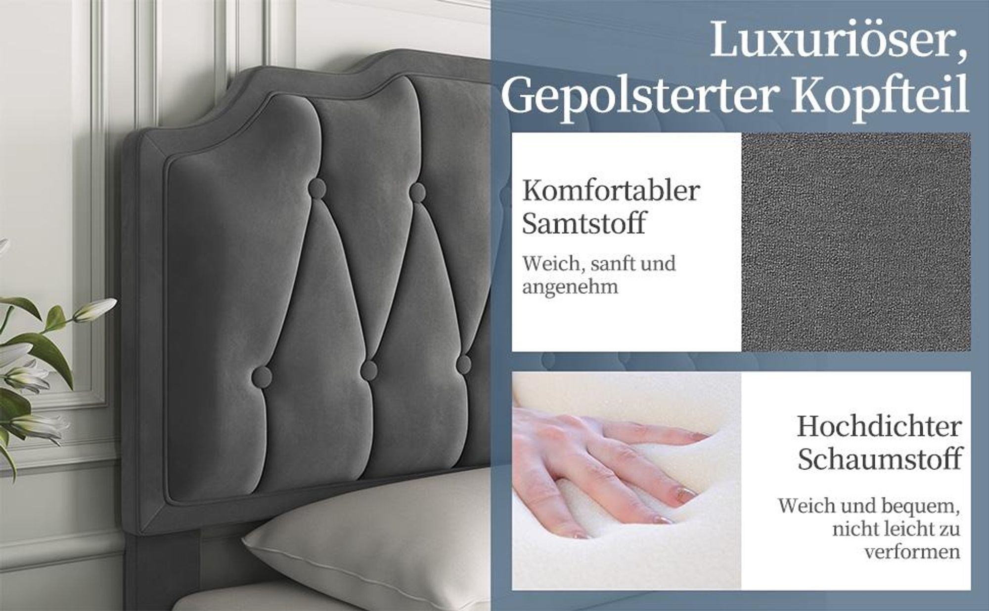 Yaheetech Polsterbett mit höhenverstellbarem Kopfteil Doppelbett 140×200cm Stoffbett Jugendbett Gepolstertes Bett Bettrahmen mit Lattenrost Dunkelgrau