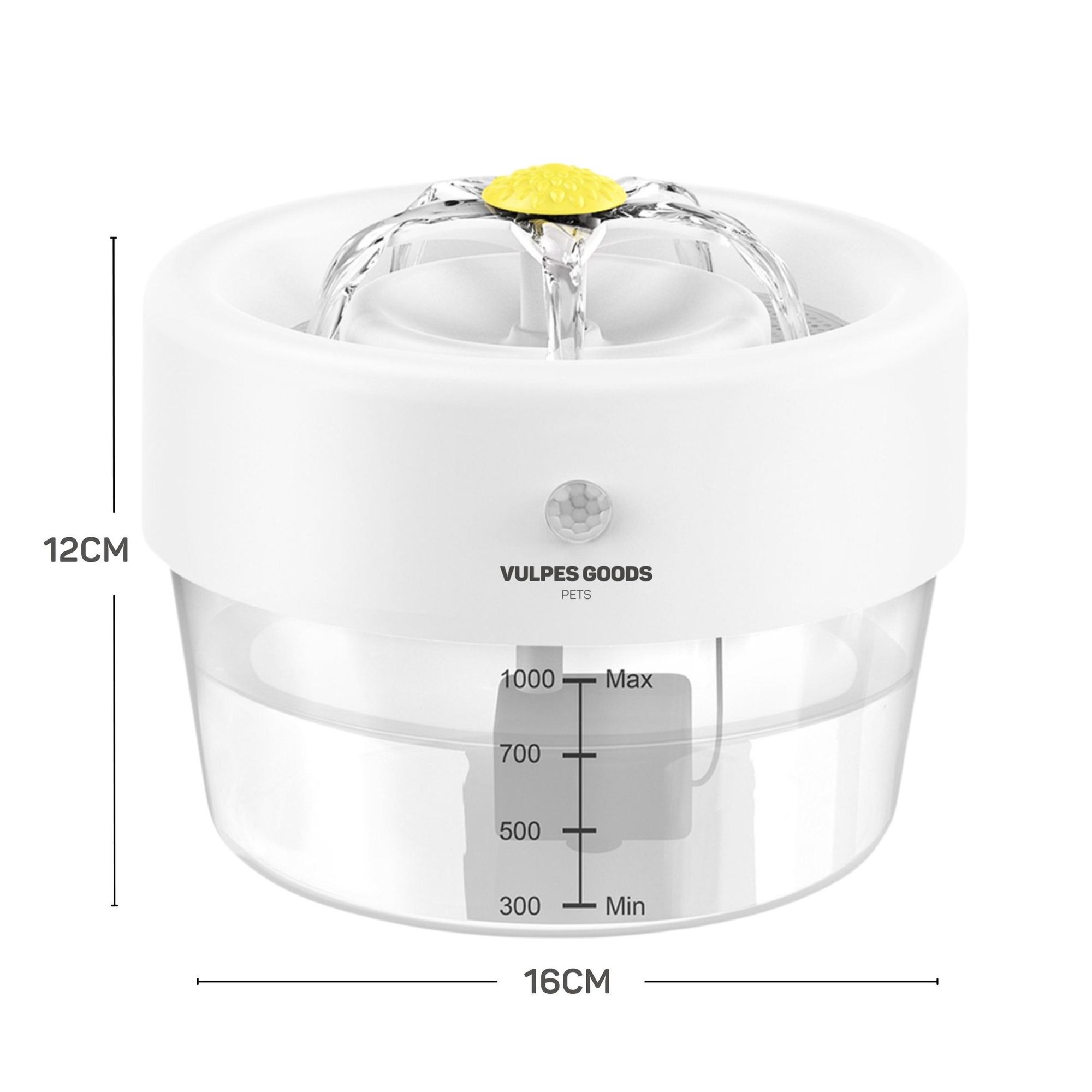 Vulpes Goods Drahtloser Trinkbrunnen für Katzen - 1L | Wiederaufladbar - Katzenbrunnen mit Batterie | 360° Katzen Wasserspender mit Bewegungsmelder