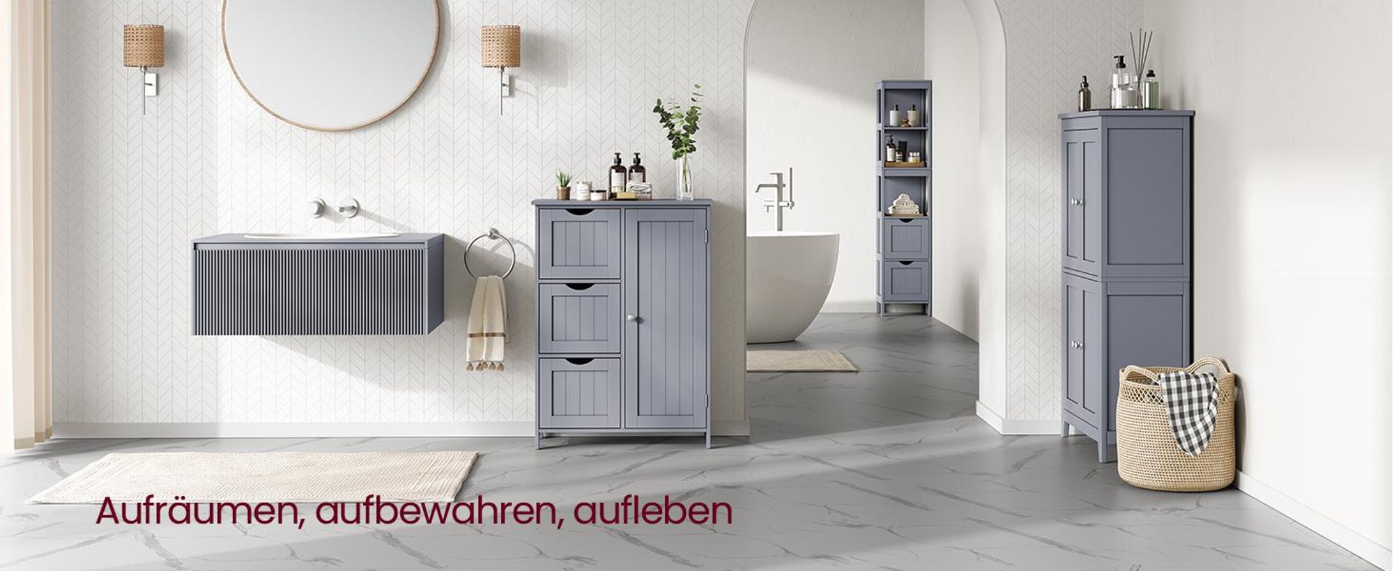 VASAGLE Badezimmerschrank, 3 große Schubladen, verstellbare Regalebene Taubengrau