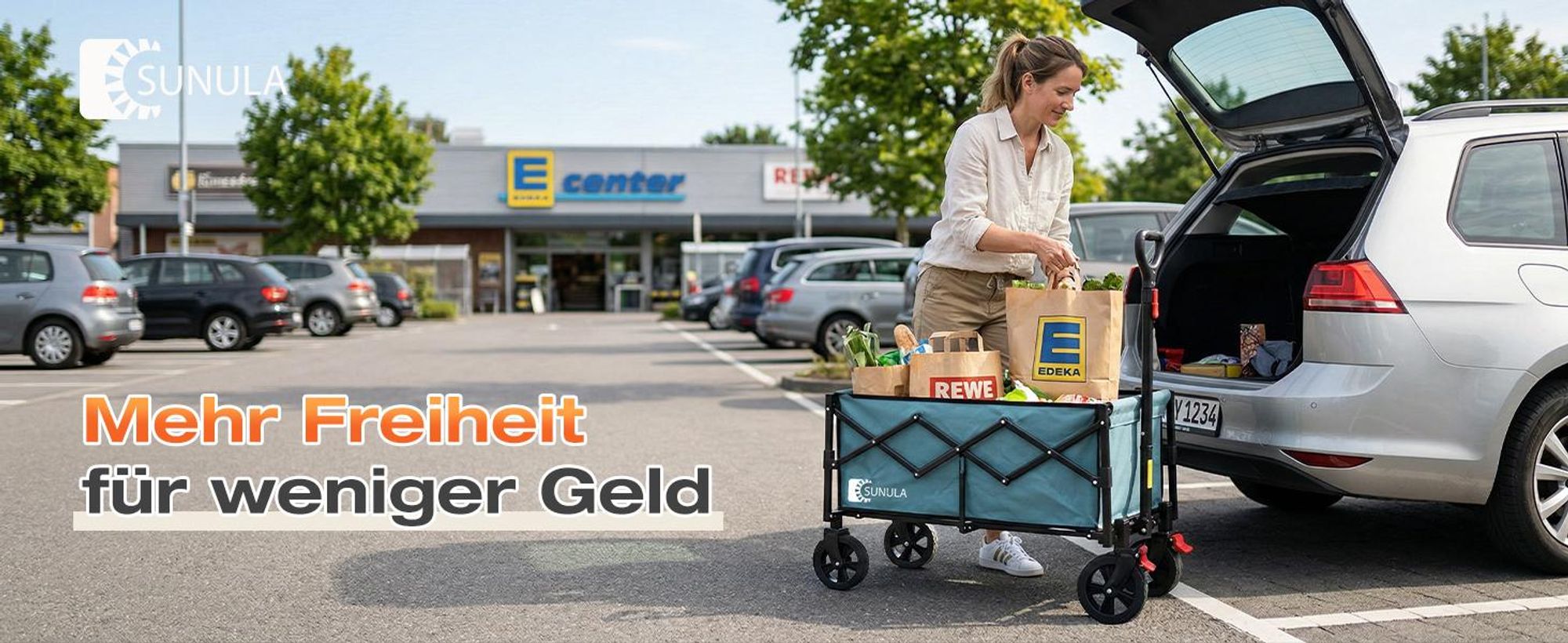 SUNULA Bollerwagen Faltbar Klein 80L 100KG, Klappbarer Handwagen Einkaufen, Blau