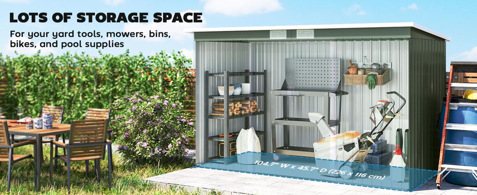 Metalowa szopa narzędziowa Outsunny 6,3 m³, 280 x 130 x 172 cm, z dachem jednospadowym, drzwiami przesuwnymi, odporna na warunki atmosferyczne, ogrodowa, szafka, do ogrodu, na zewnątrz, antracyt, jasnozielony
