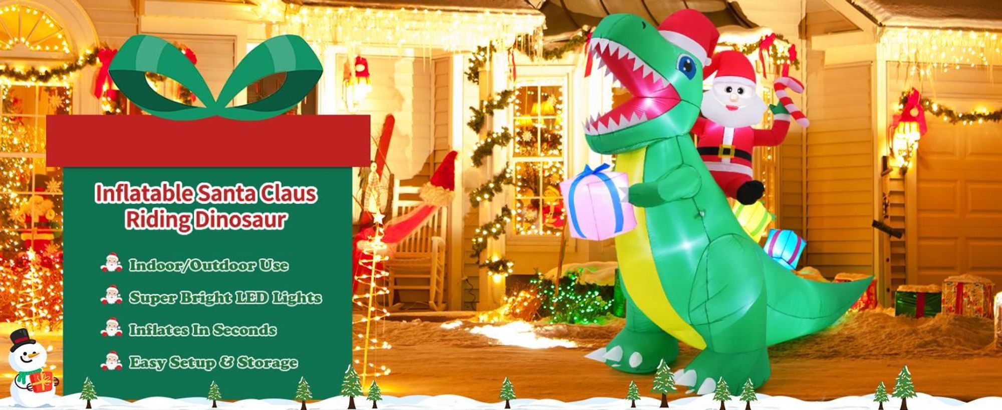 213cm Aufblasbarer Weihnachtsmann auf Dinosaurier mit LED-Lichtern - Lustige Garten-Weihnachtsdeko für Außenbereich