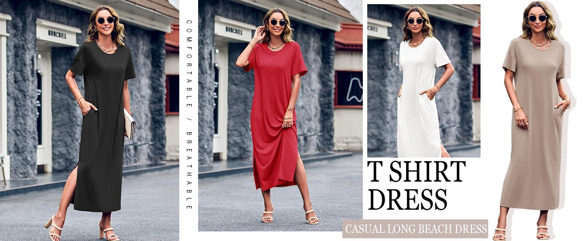 Langes Damenkleid mit überschnittenen Schultern, Seitenschlitzen und Taschen