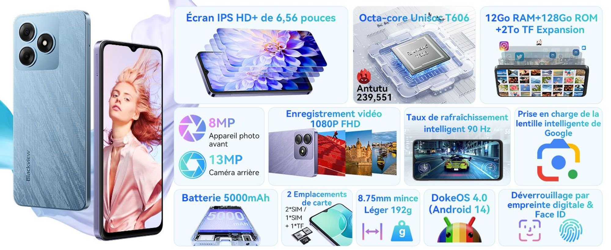 Blackview Wave 9C KI Téléphone portable sans abonnement,Android15,12GBRAM+128GBROM,5000mAh,Dual SIM,1080P FHD,déverrouillage par empreinte digitale