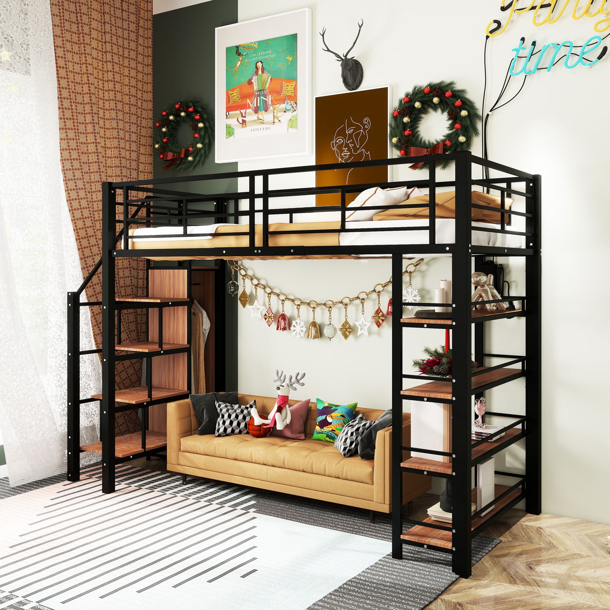 Bett mit Kleiderschrank, Regal und Treppe