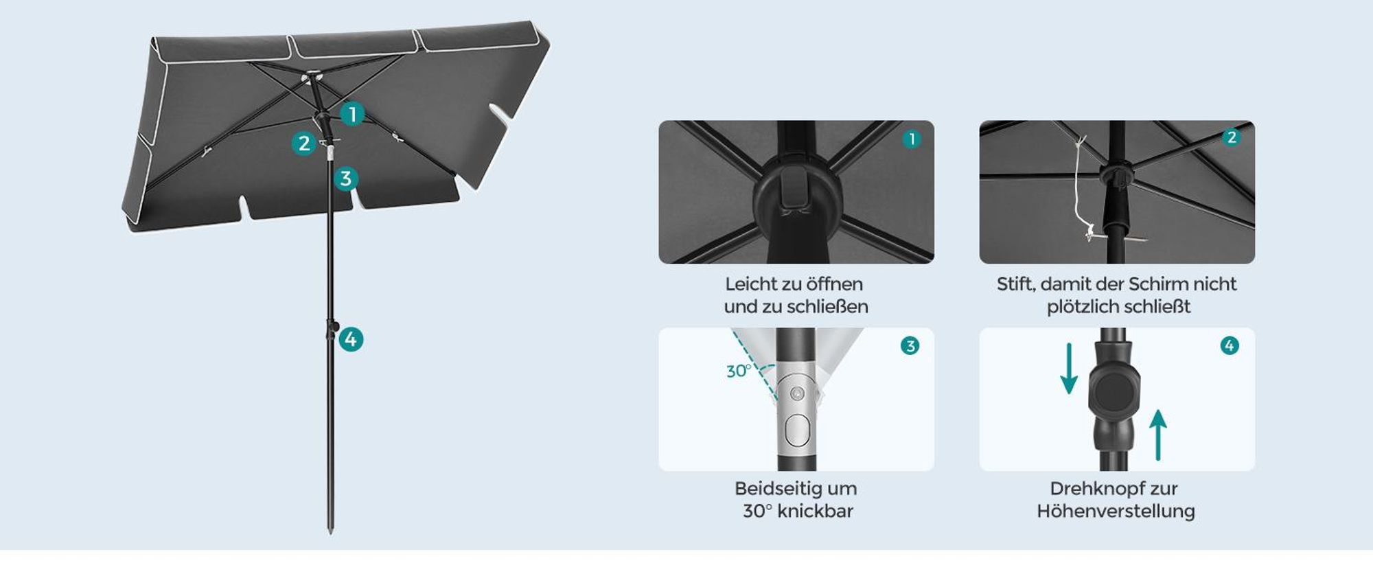 SONGMICS Sonnenschirm 230 x 150 cm UPF 50+ Sonnenschutz