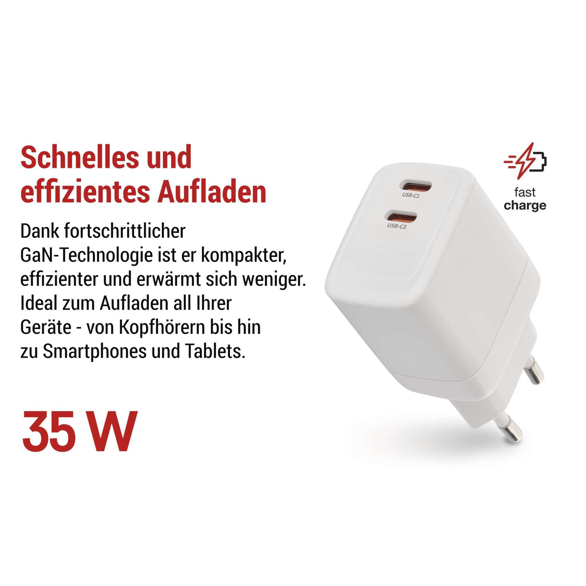 EMOS USB-C Ladegerät PD 35W, zweifaches USB-Netzteil mit GaN Technologie, PowerDelivery für Smartphone, iPhone, Tablets, 5-20 V, 3 A, Weiß, V03G35