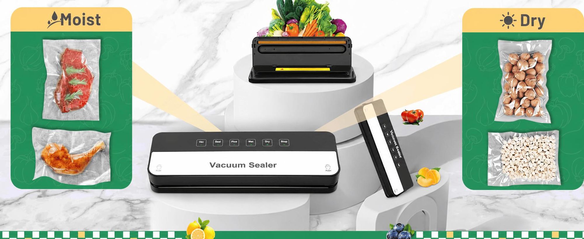 Vakuumiergerät, Professioneller 6-in-1 Vakuumierer für Lebensmittel, Trocken-/Nassmodus, automatische Versiegelung für Fleisch, Obst, Gemüse