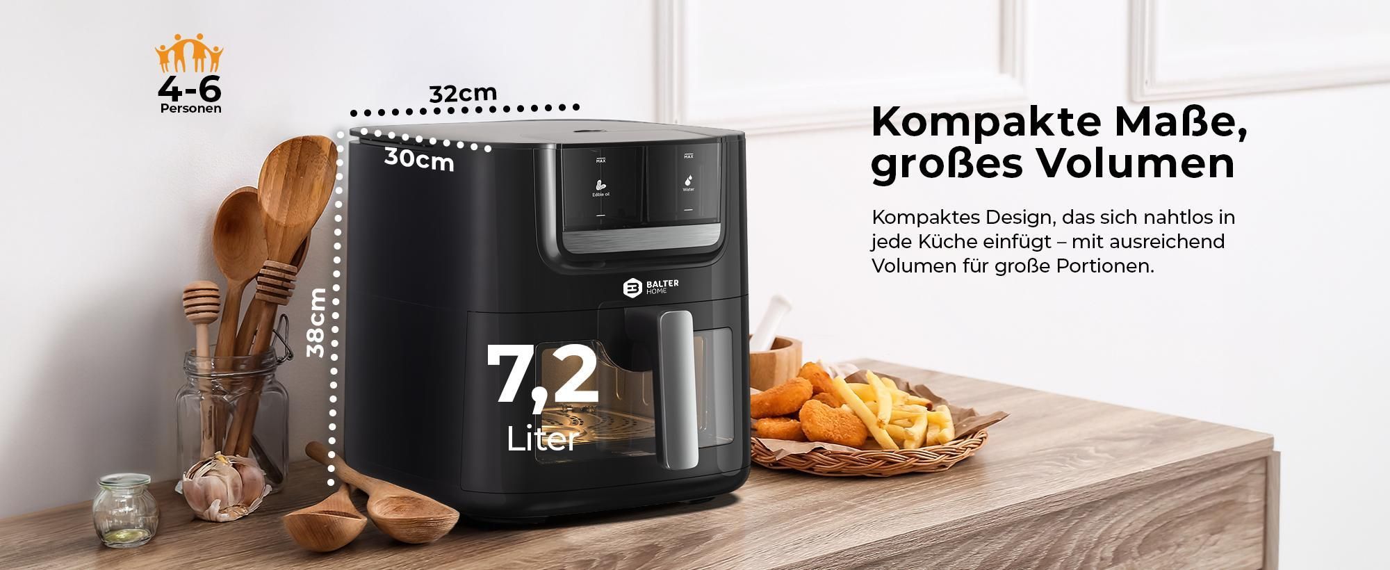 Balter Heißluftfritteuse 7,2L mit Sichtfenster, 1800W, Öl- & Wasser-Spray, Airfryer, 10 Programme, Touchbedienung, 100 Rezepte, Edelstahl, Schwarz