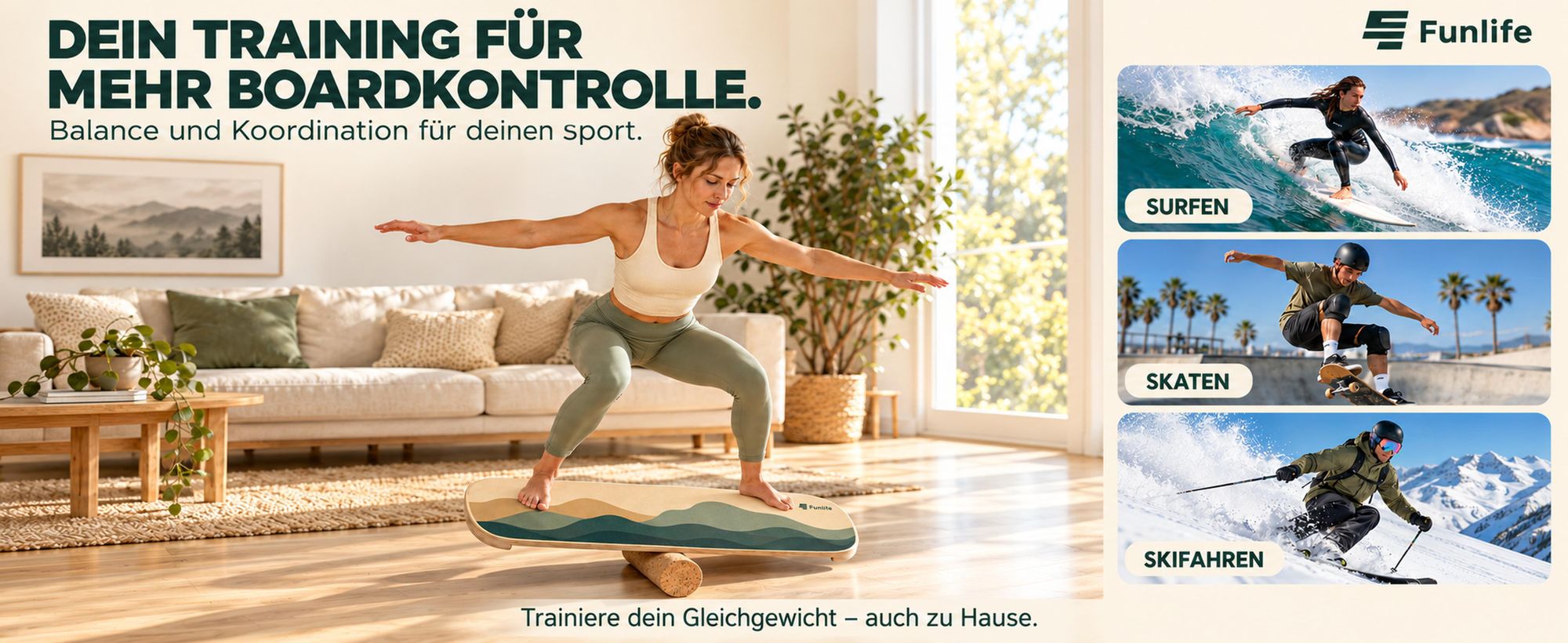FunLife Balance Board WAVE aus Birkenholz mit Rolle – Gleichgewichtstrainer für Core Training, Koordination, Surf-, Skate- & Snowboard Training