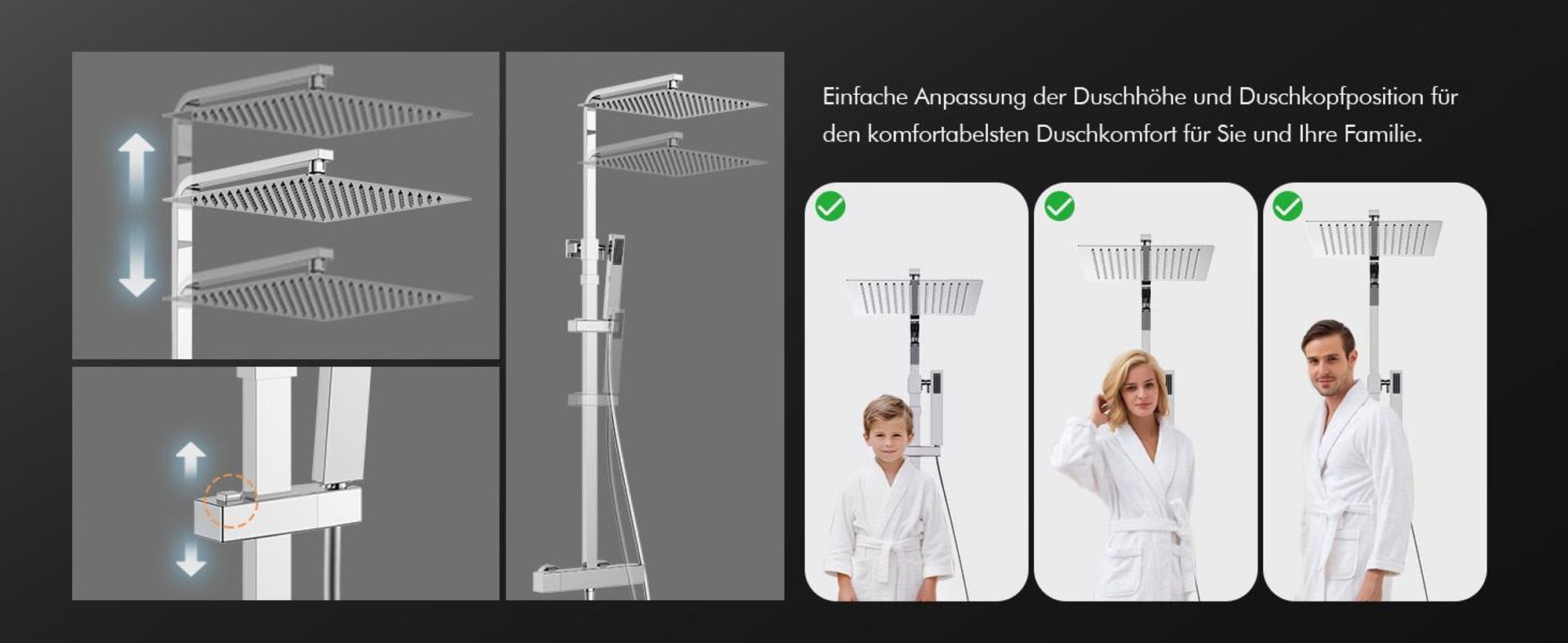 Homelody Duschsystem mit Thermostat SUS 304 Edelstah, Quadratische Extra groß Regendusche Duschkopf 30*30CM, Verstellbereich 855–1105 MM Chrom