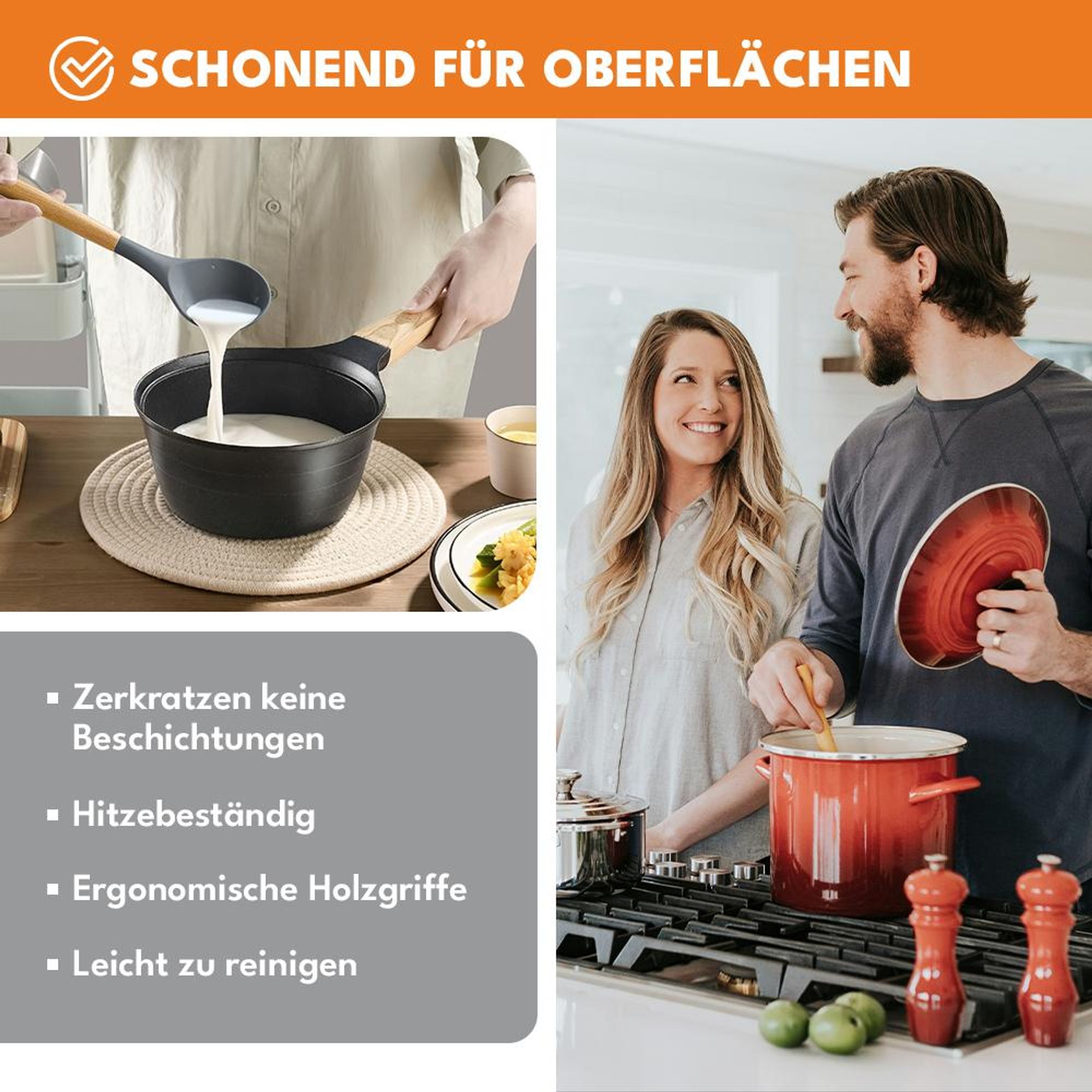 KRUMAD Silikon Küchenutensilien Set 11-teilig mit Holzgriffen, Kochbesteck Set mit Behälter, Küchenhelfer für Antihaft Pfannen, Grau