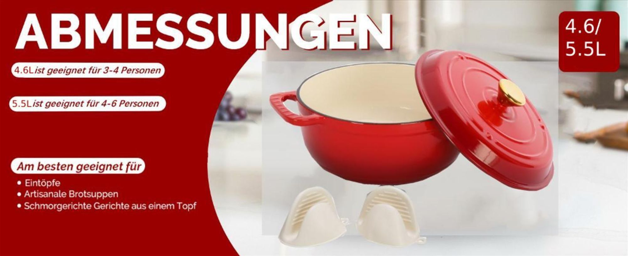 LEADZM Gusseisen Topf 26cm - 5QT-4.6L Emaille Bräter mit Deckel backofengeeignet - für Küche Backen Schmoren Braten (Rot)