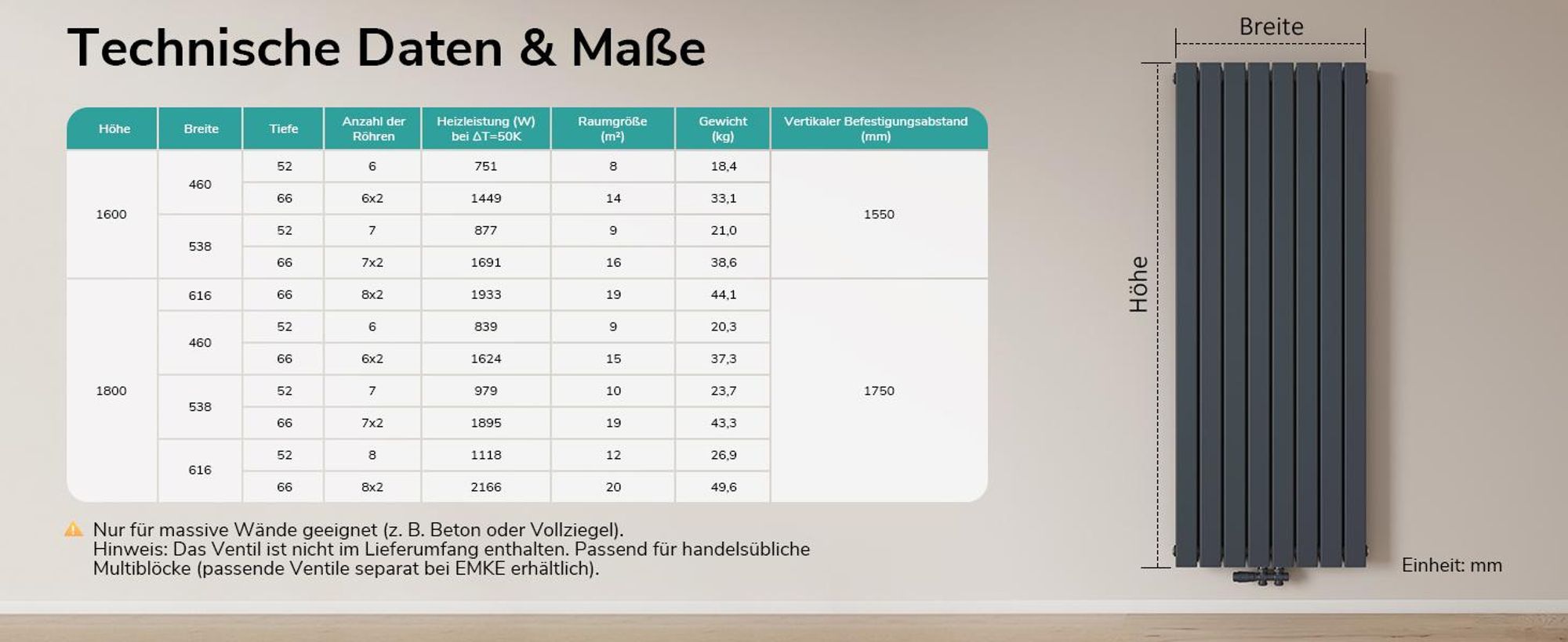 EMKE Heizkörper Flach 160 x 61,6 cm Doppellagig 1933 W Anthrazit Design Paneelheizkörper