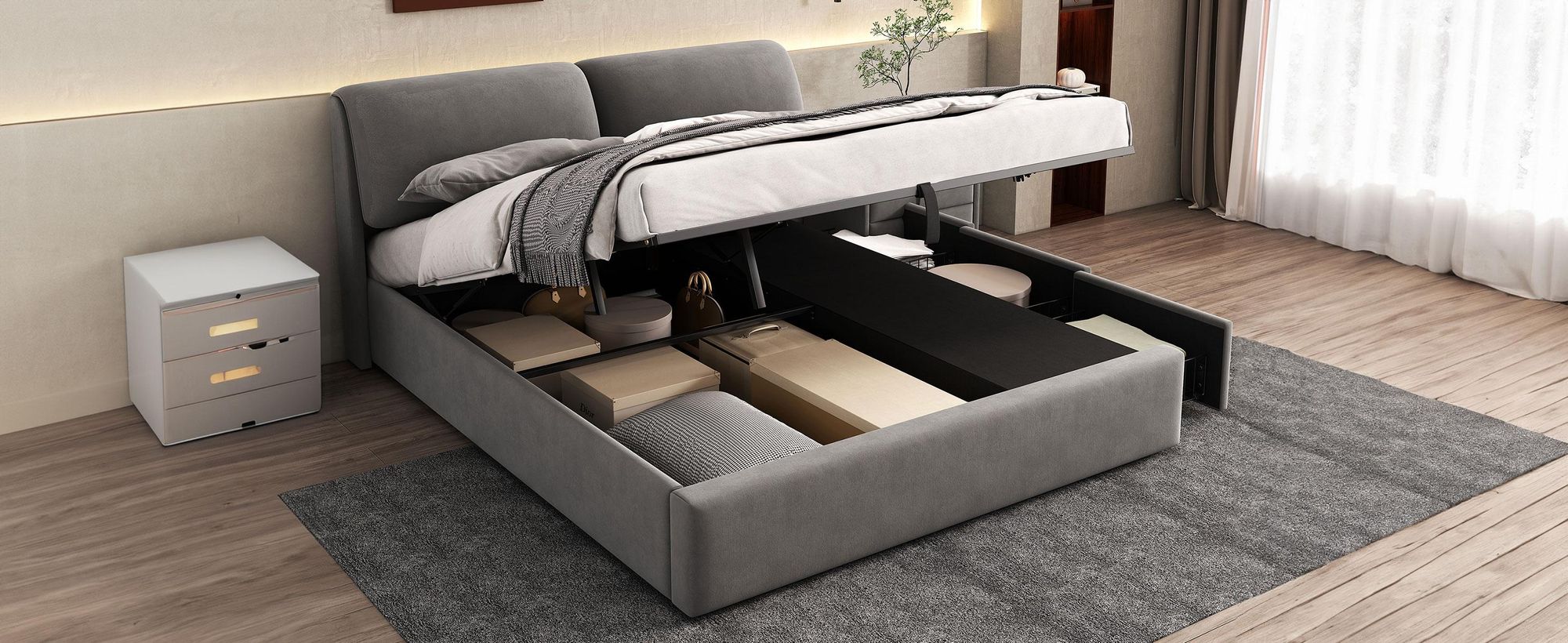 MODFU Boxspringbett Hydraulisches 180 x 200 cm mit Kopfteil, Polsterbett Funktionelles mit 3 Schubladen, Doppelbett Stauraumbett mit Bettkasten Stauraum, Samt Grau(Ohne Matratze)