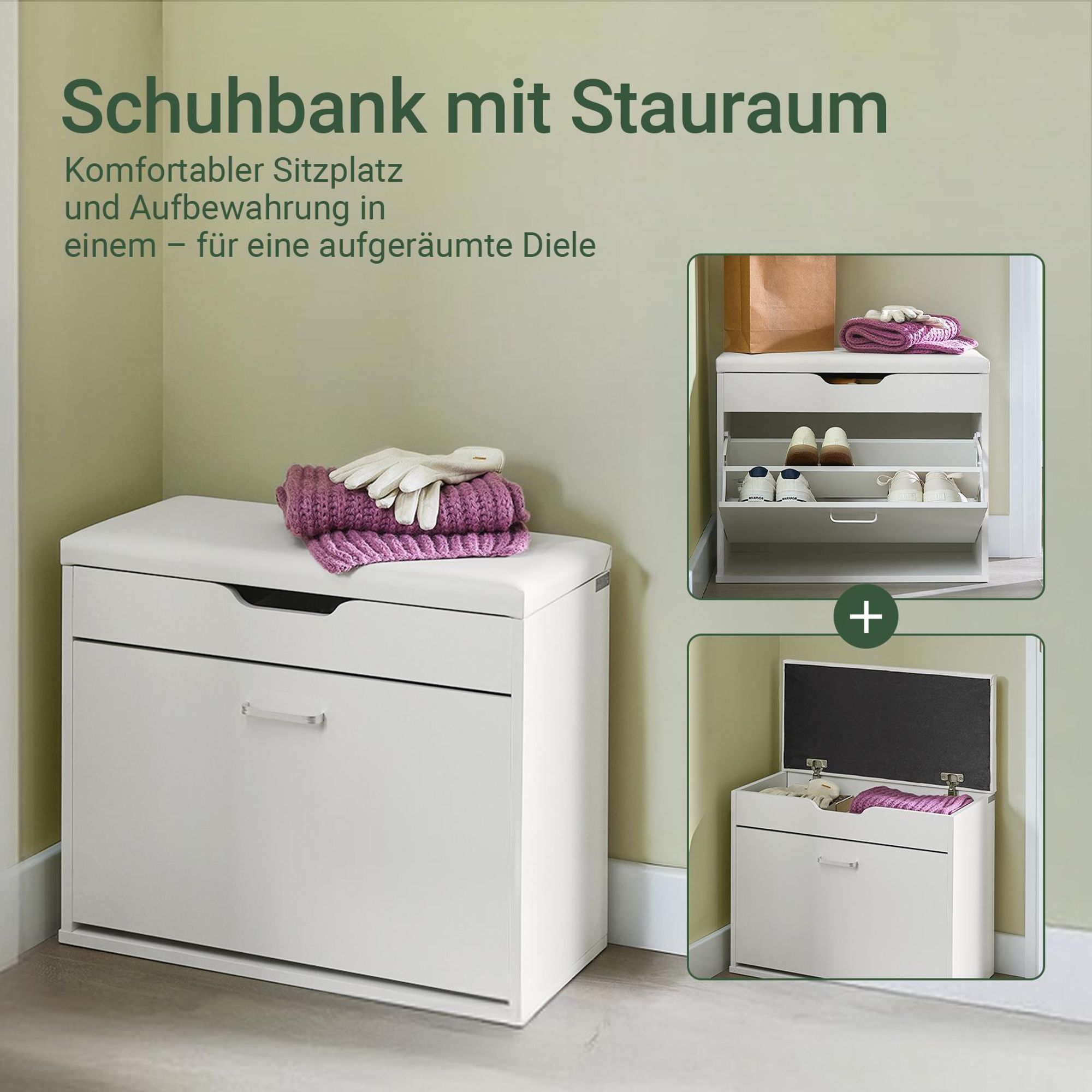 SoBuy Schuhbank mit Sitzfläche und Stauraum, schmale Sitzbank für Flur mit aufklappbarem Fach und Kissen, platzsparende Dielenbank für Eingang FSR95-W