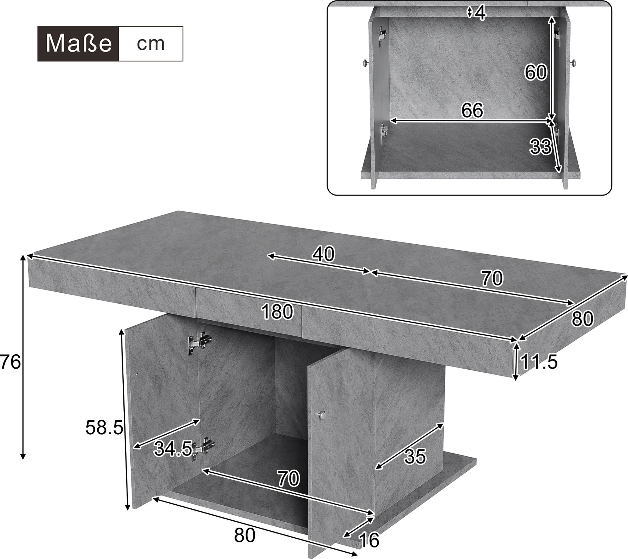 Flieks Ausziehbarer Esstisch Küchentisch mit Schrank, Rechteckig Esszimmertisch mit Stauraum, Ausziehbar Dehnbar Tisch, 140/180x80x76cm, Grau
